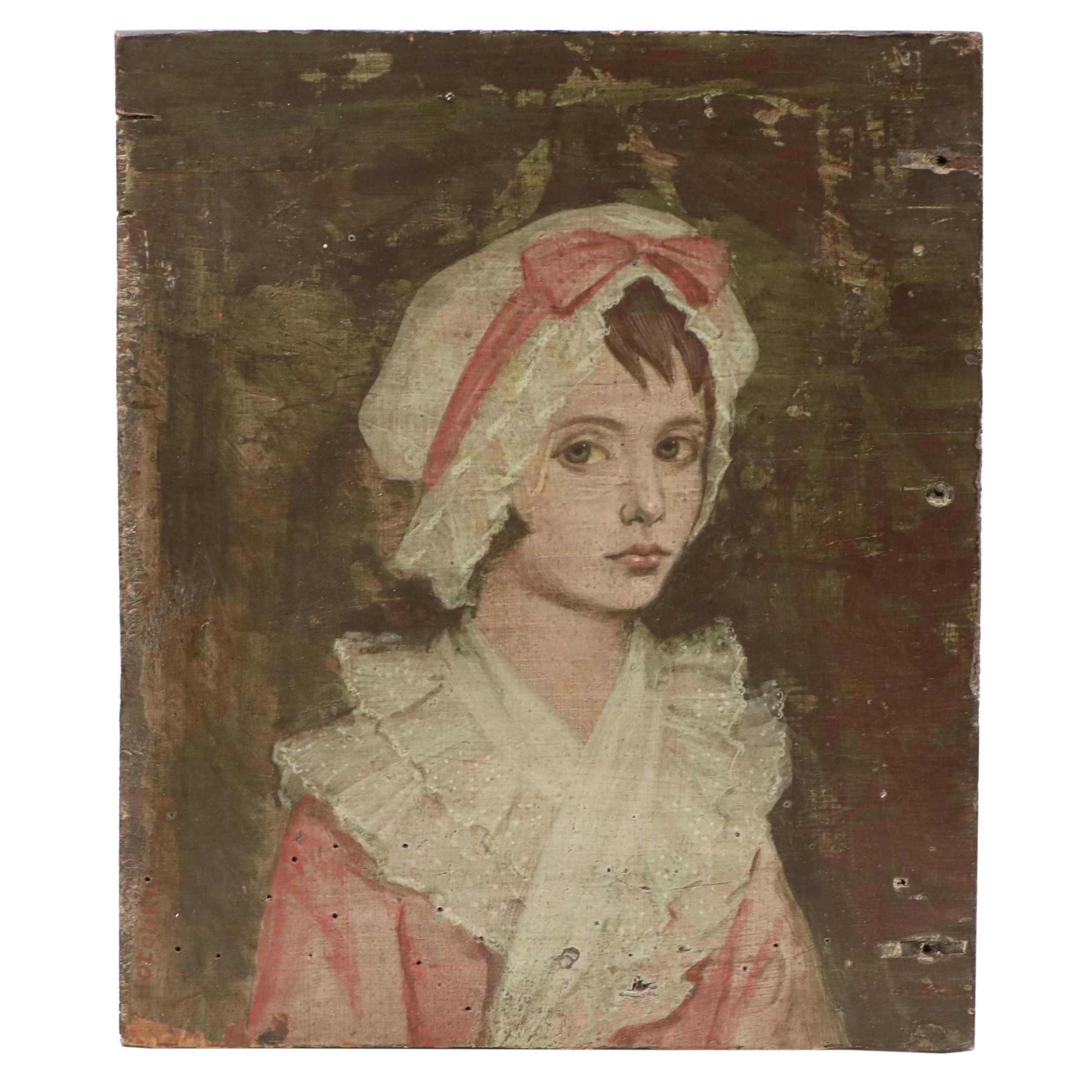 Half-Length Portrait Oil Painting of Young Woman, 19th Century