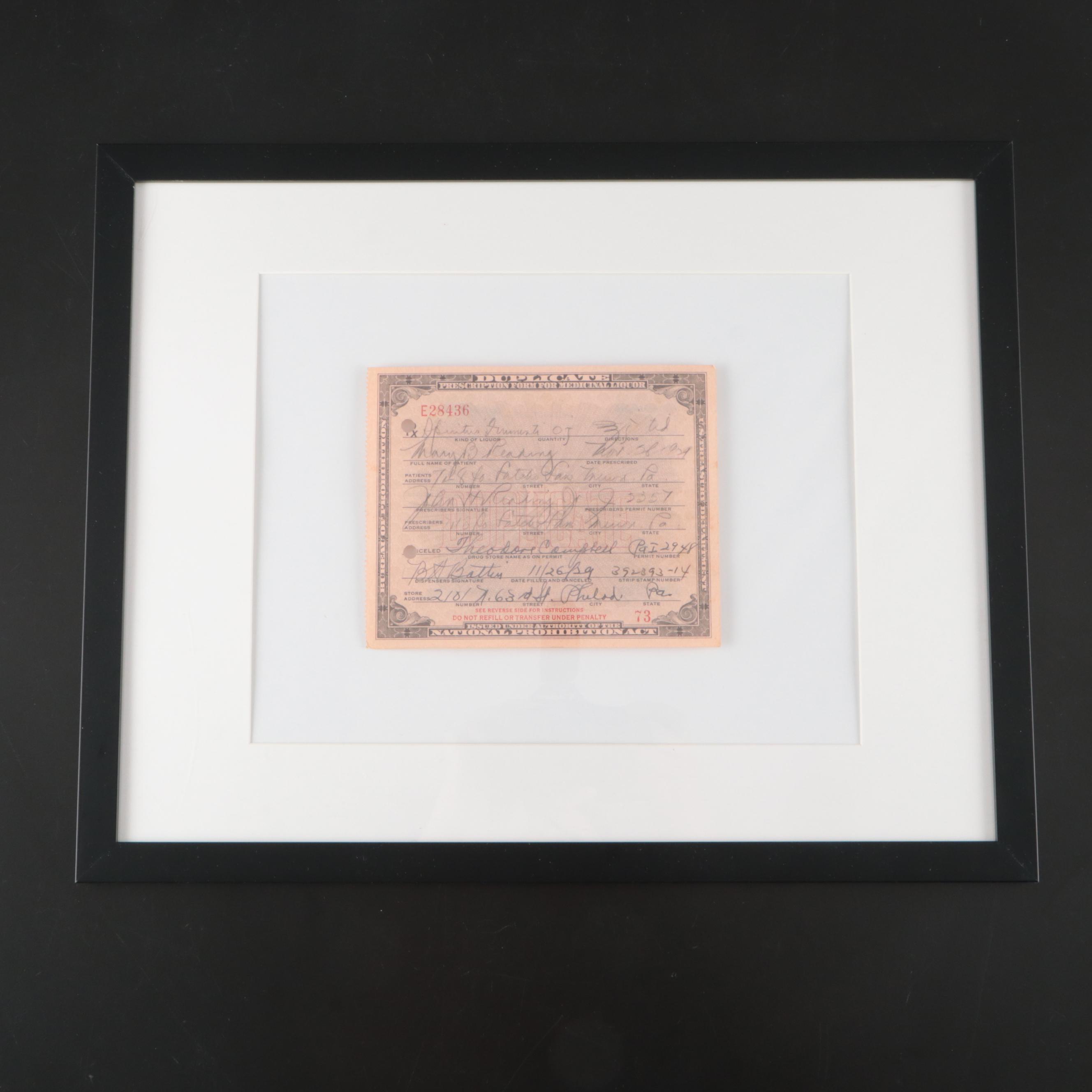 Prohibition Era Alcohol Prescription Form, 1929