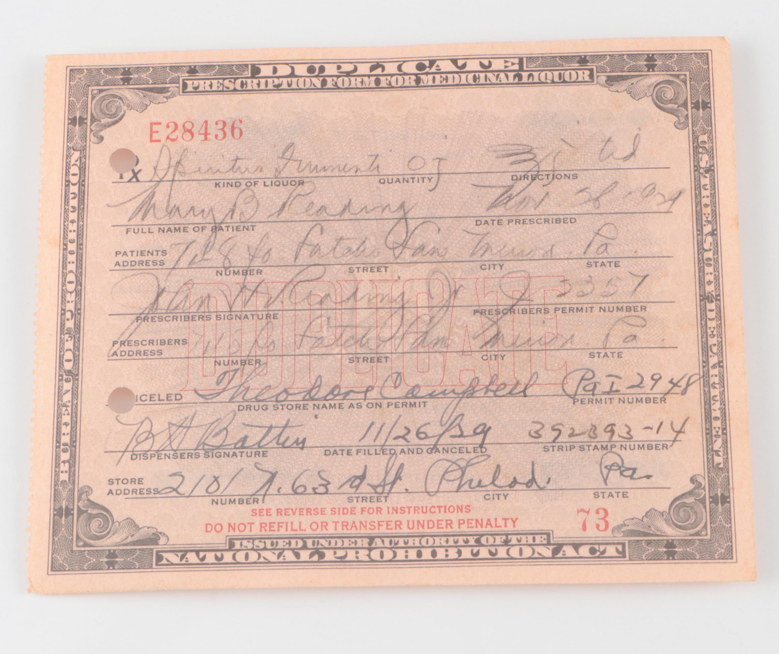 Prohibition Era Alcohol Prescription Form, 1929