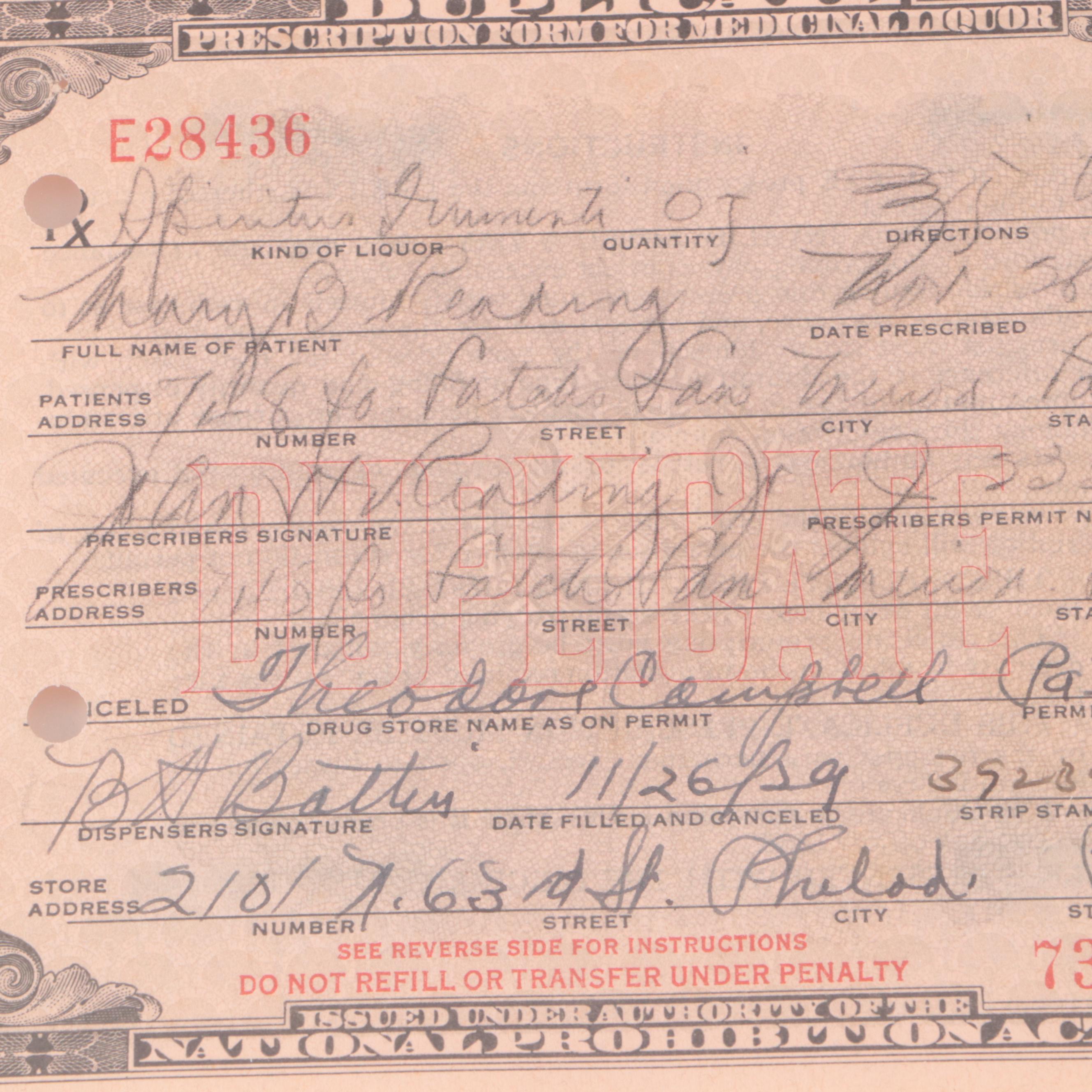 Prohibition Era Alcohol Prescription Form, 1929