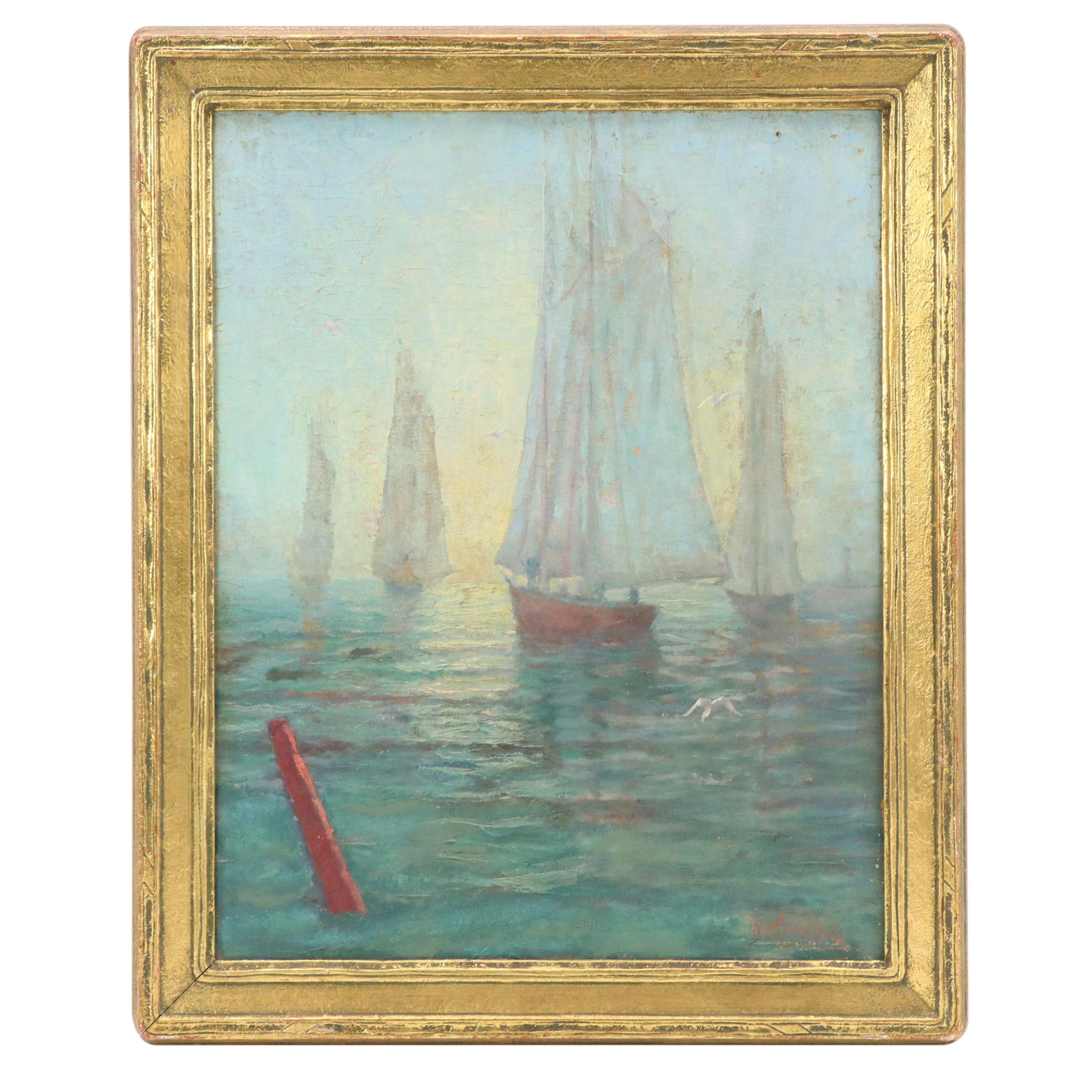 William A. Kinnicutt Maritime Oil Painting of Sailboats, Circa 1900