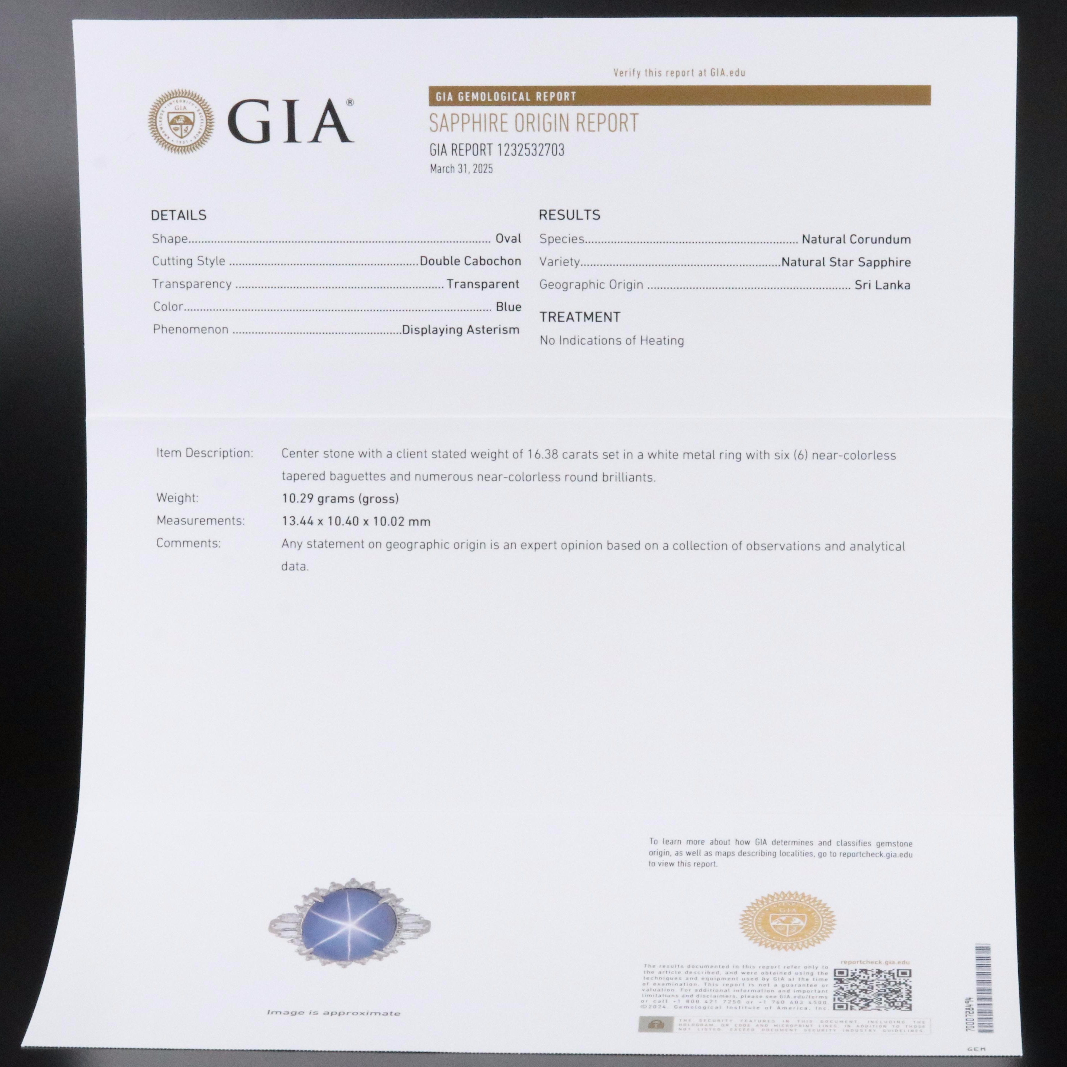 Platinum 16.38 CT No Heat Ceylon Star Sapphire and 0.60 CTW Diamond Ring w/ GIA