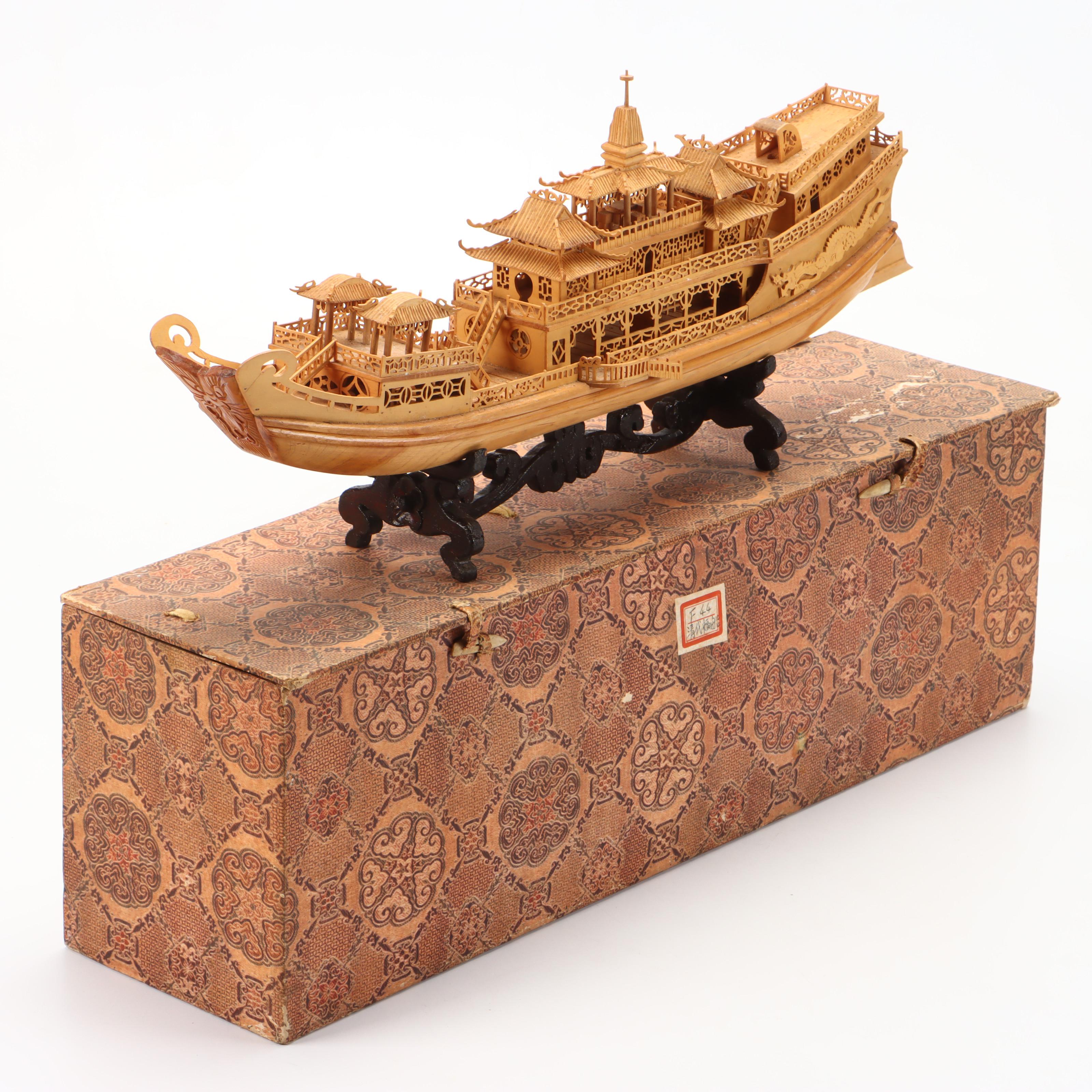 Chinese Hand-Carved Pine Imperial Dragon Boat Model with Stand