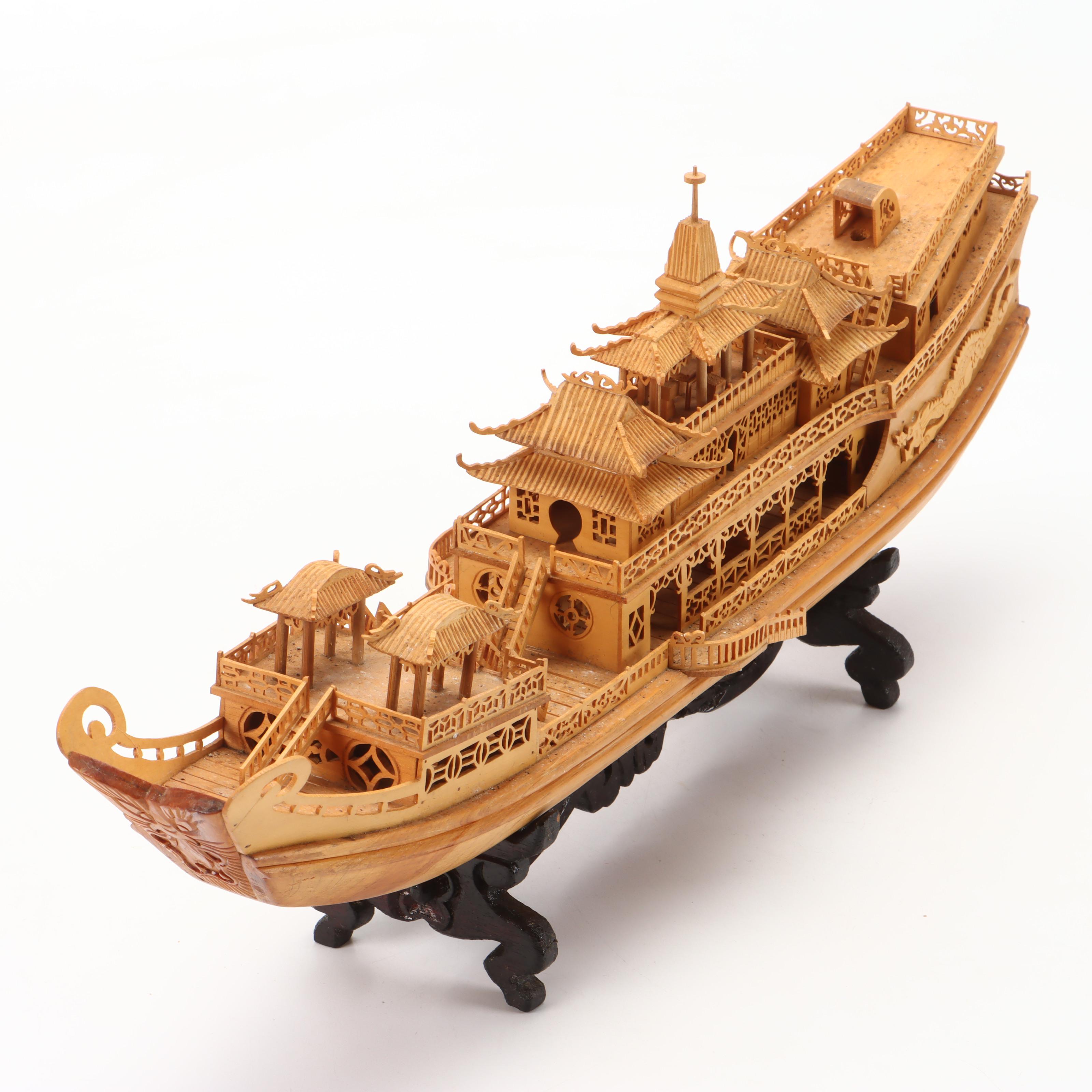 Chinese Hand-Carved Pine Imperial Dragon Boat Model with Stand