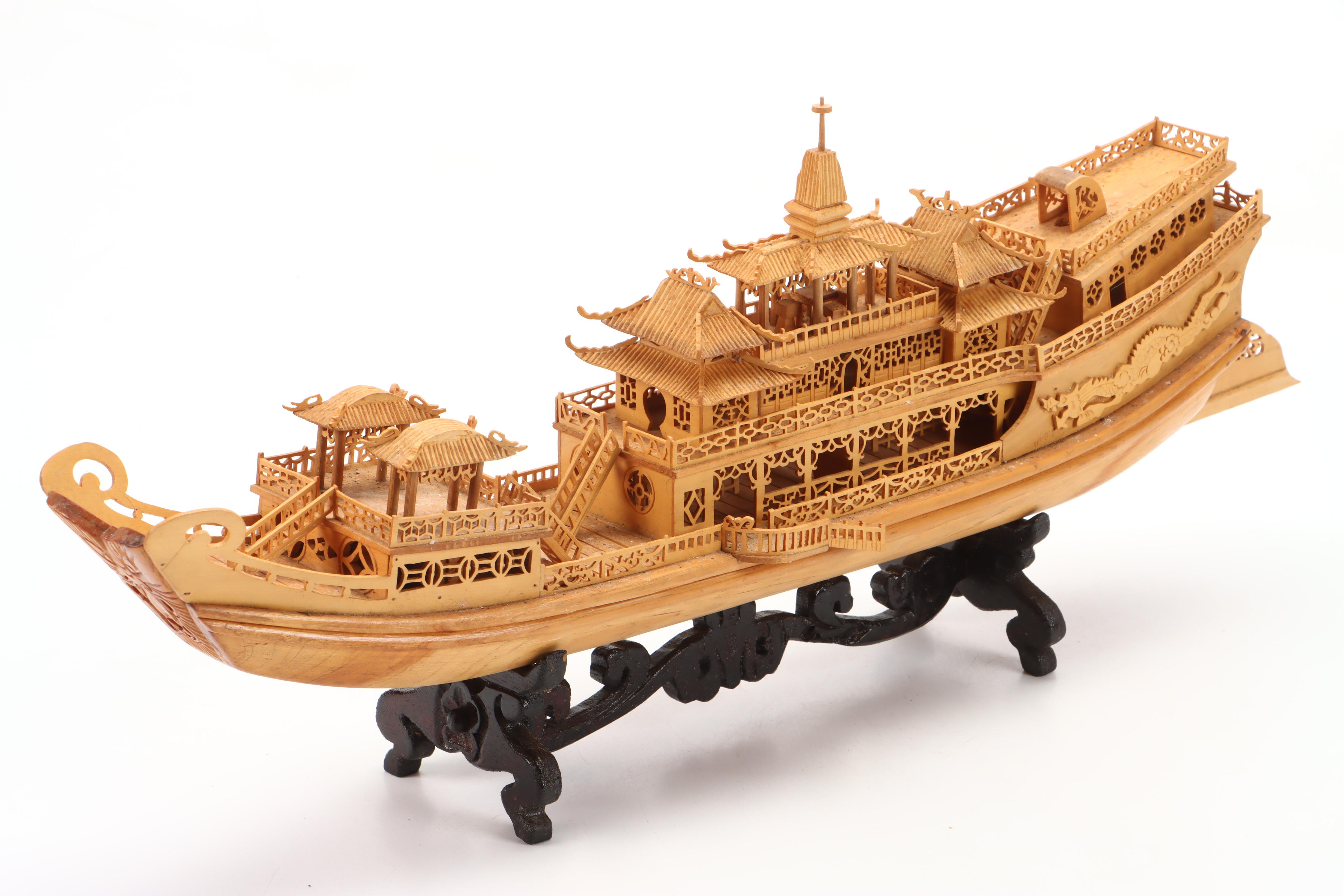 Chinese Hand-Carved Pine Imperial Dragon Boat Model with Stand