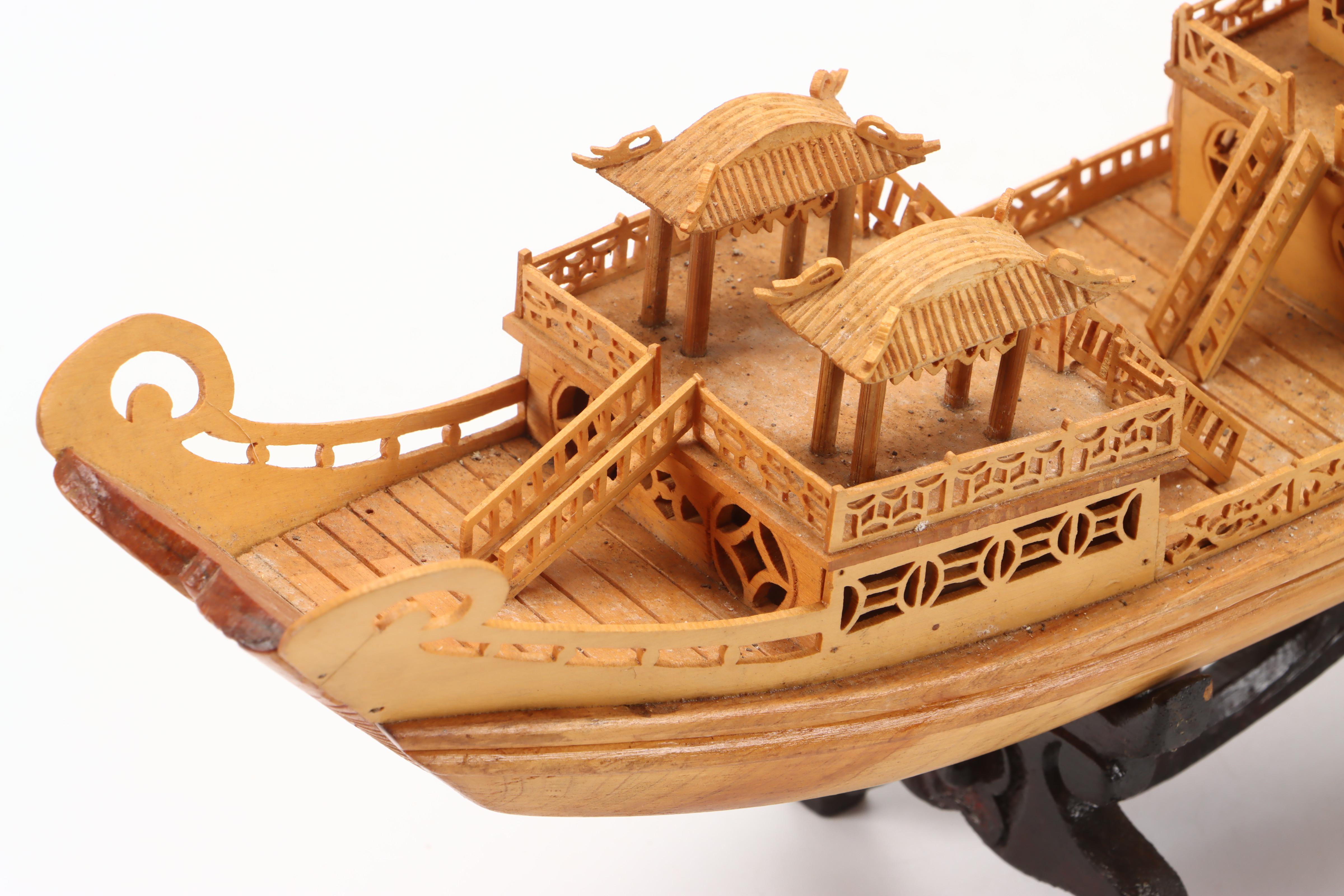 Chinese Hand-Carved Pine Imperial Dragon Boat Model with Stand
