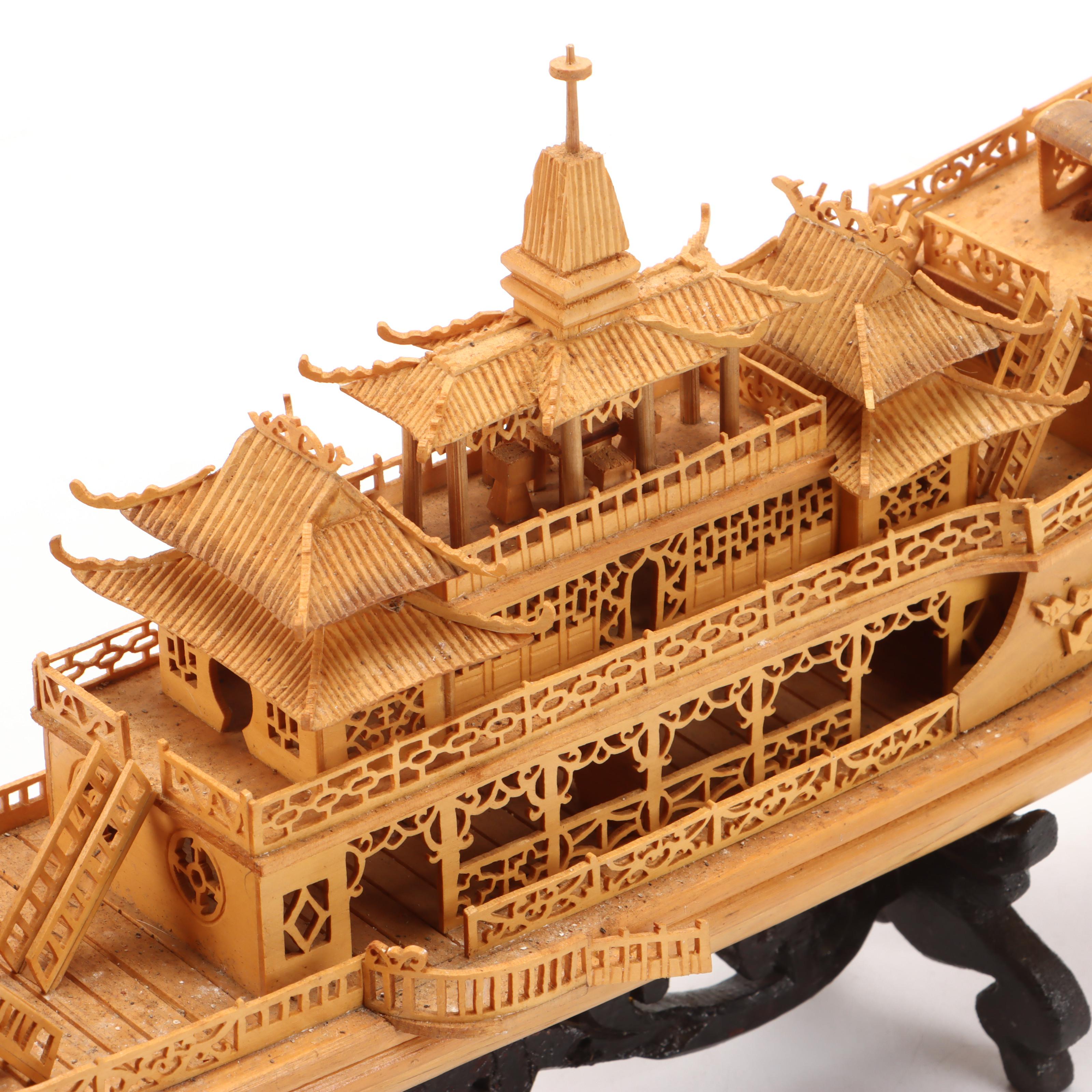 Chinese Hand-Carved Pine Imperial Dragon Boat Model with Stand