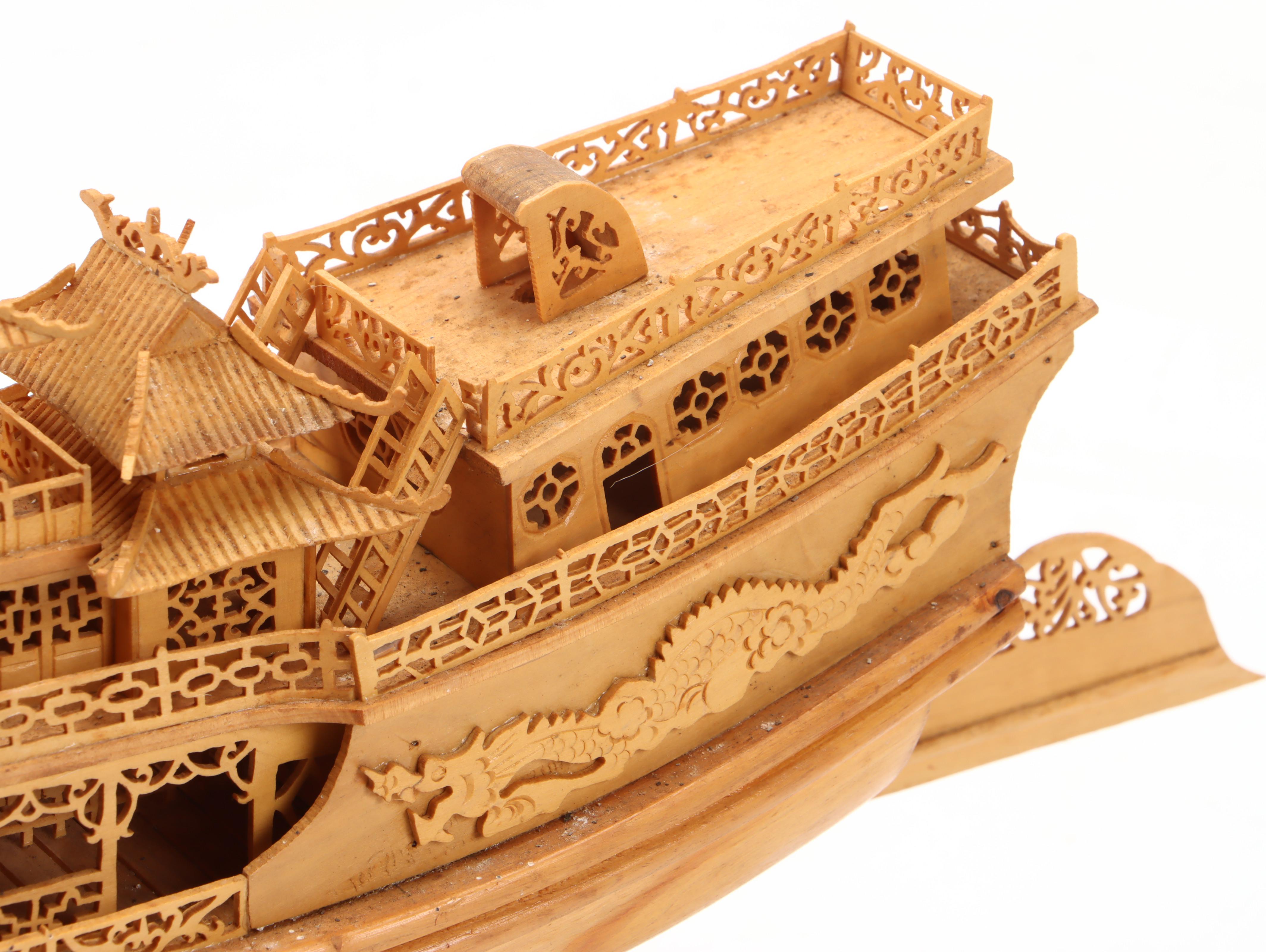 Chinese Hand-Carved Pine Imperial Dragon Boat Model with Stand