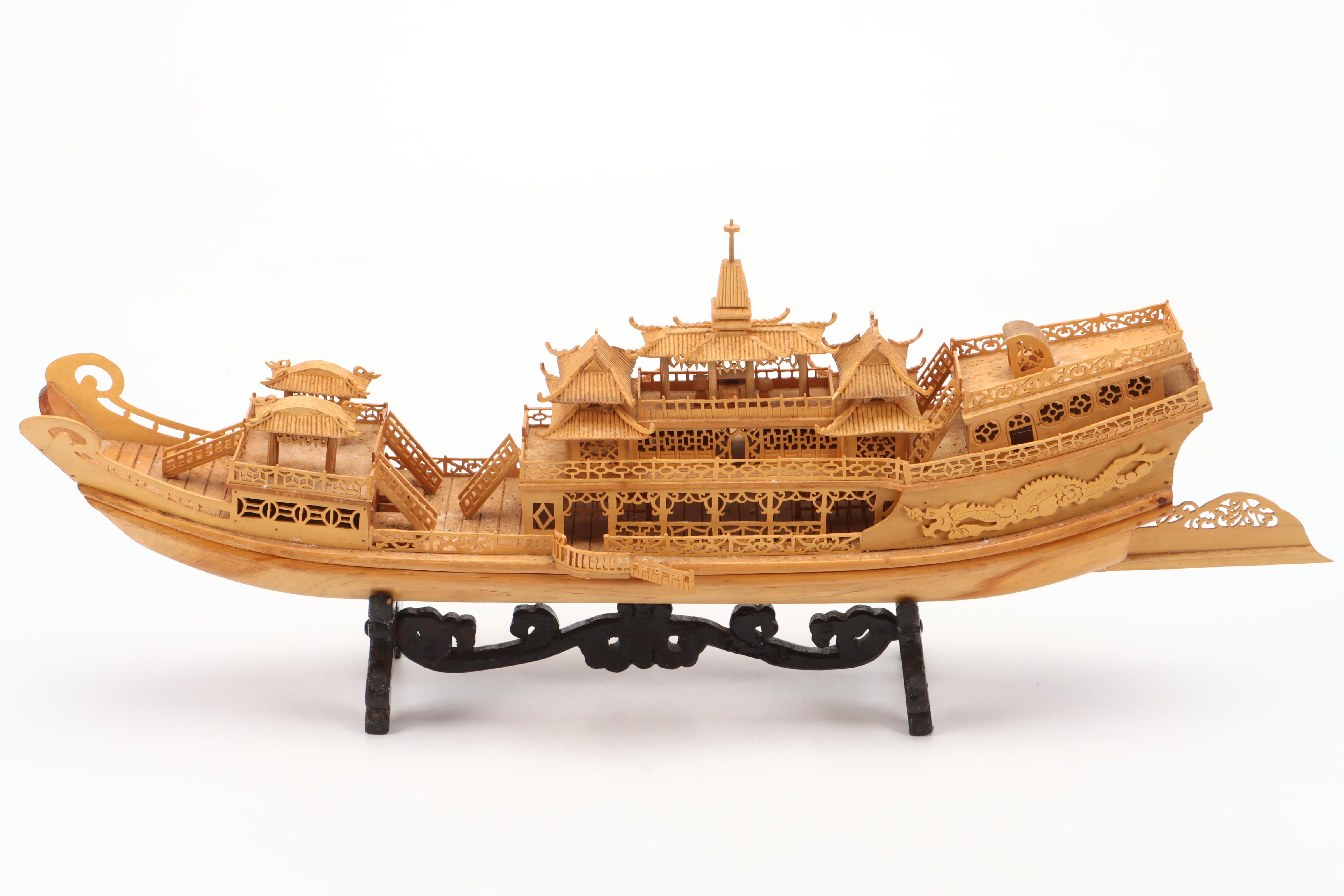Chinese Hand-Carved Pine Imperial Dragon Boat Model with Stand