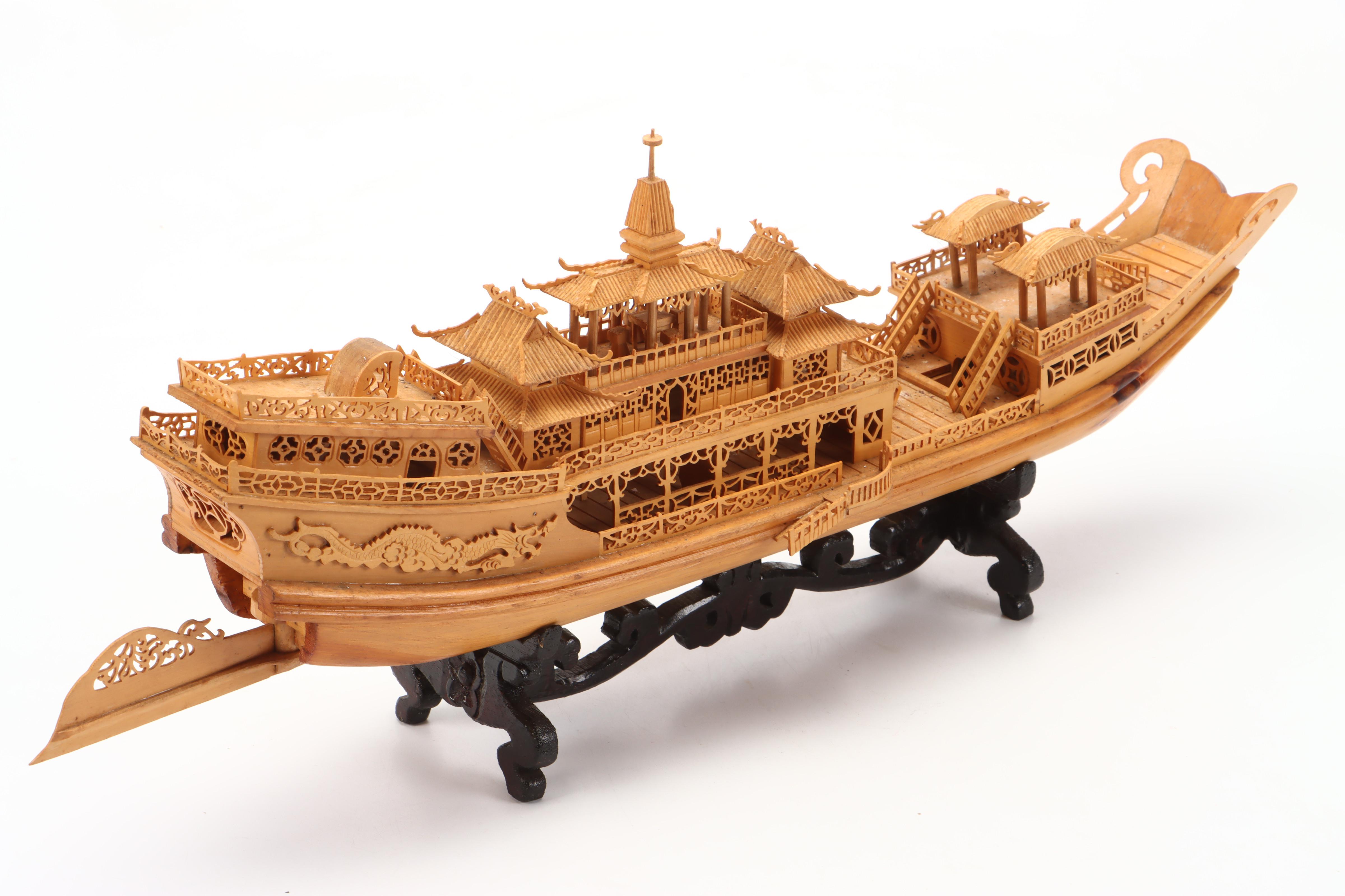 Chinese Hand-Carved Pine Imperial Dragon Boat Model with Stand