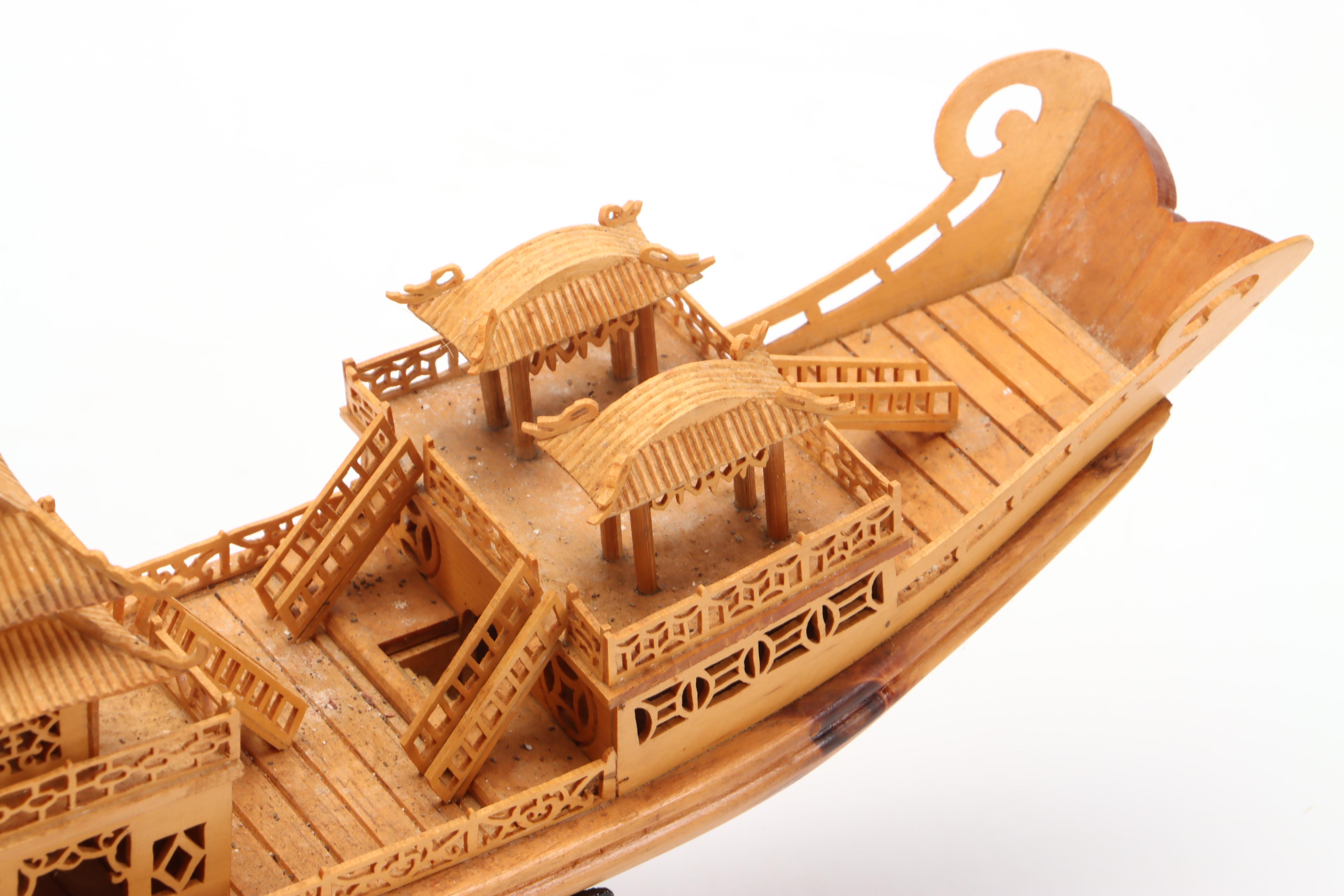 Chinese Hand-Carved Pine Imperial Dragon Boat Model with Stand