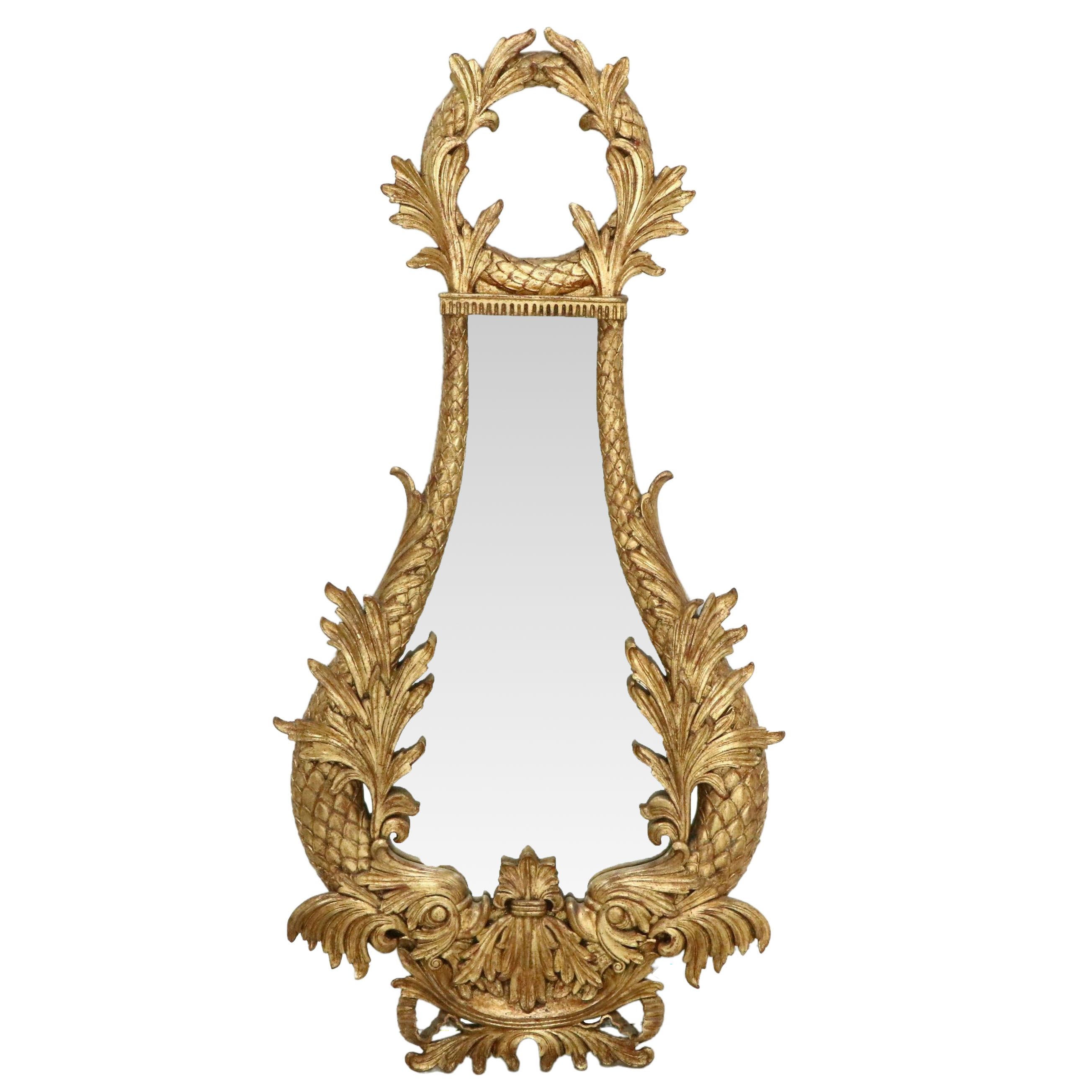 Neoclassical Style Gilt Finished Figural Dolphin Motif Wall Mirror