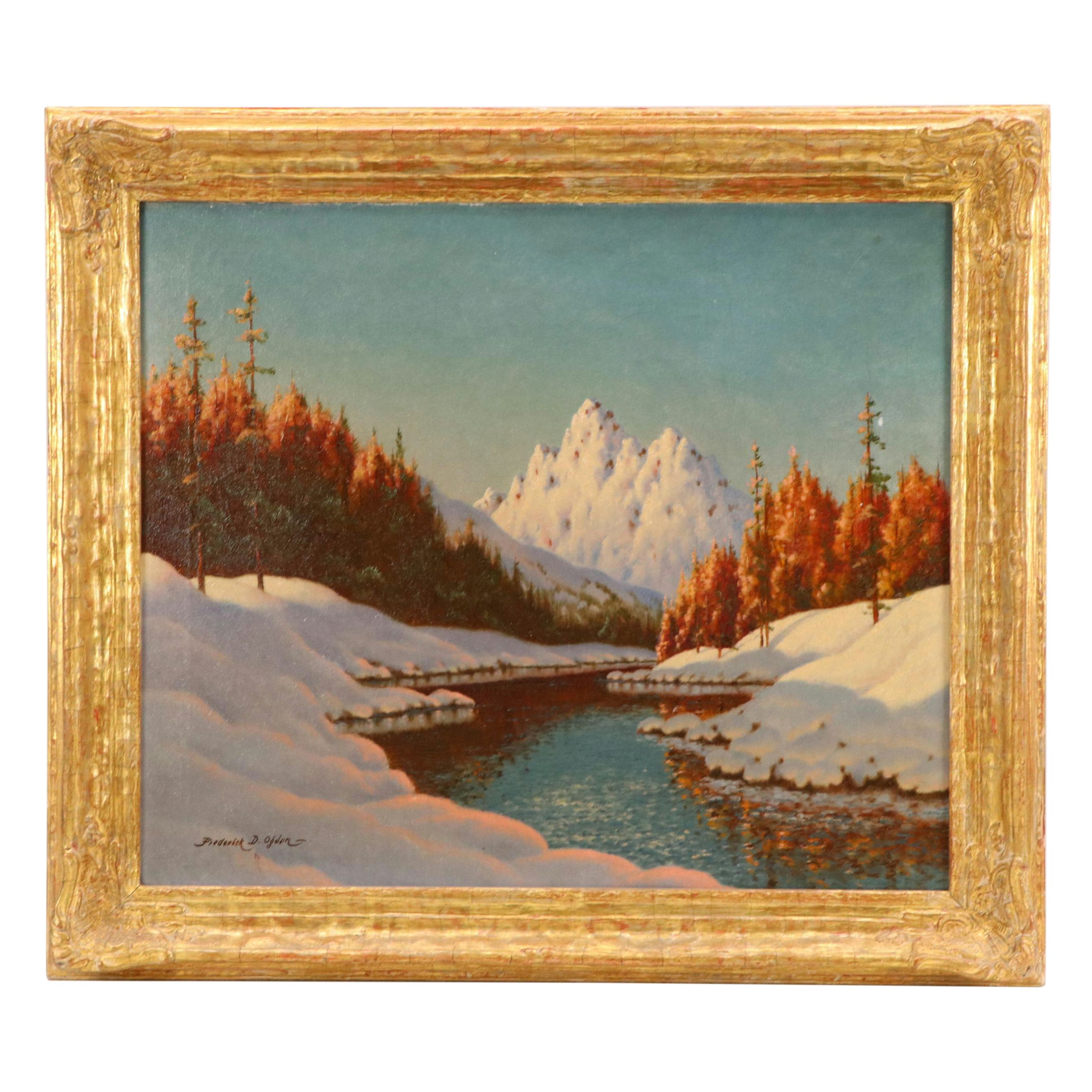 Frederick D. Ogden Oil Painting with Snowy Landscape, 20th Century