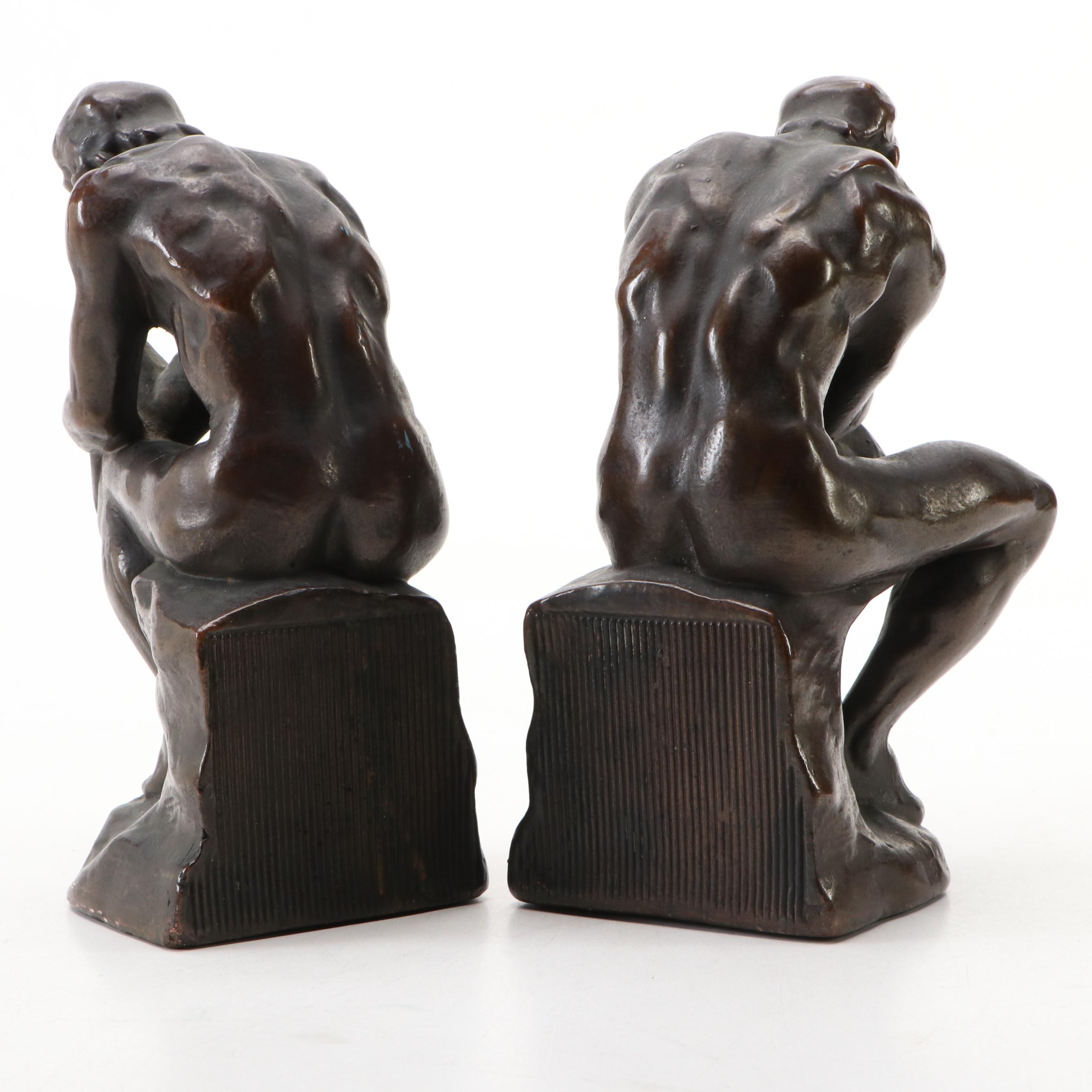 Bronze Finished Metal "The Thinker" Bookends, Early to Mid-20th Century