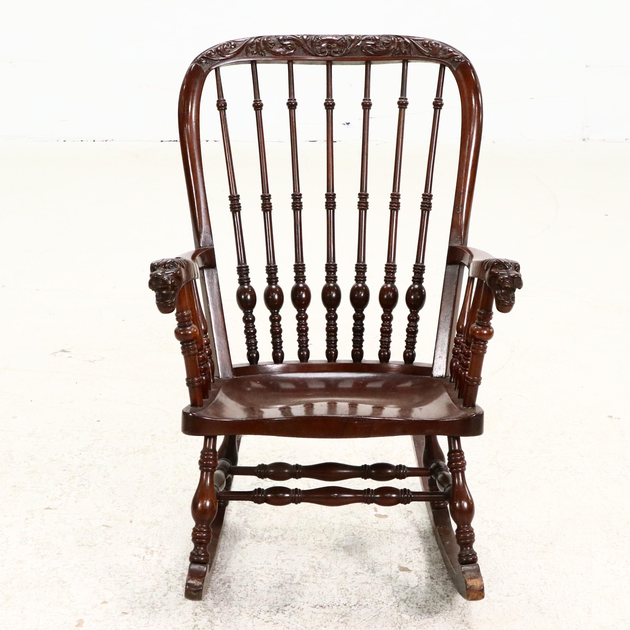Gothic Style Carved Mahogany Rocking Chair, Manner of R. J. Horner