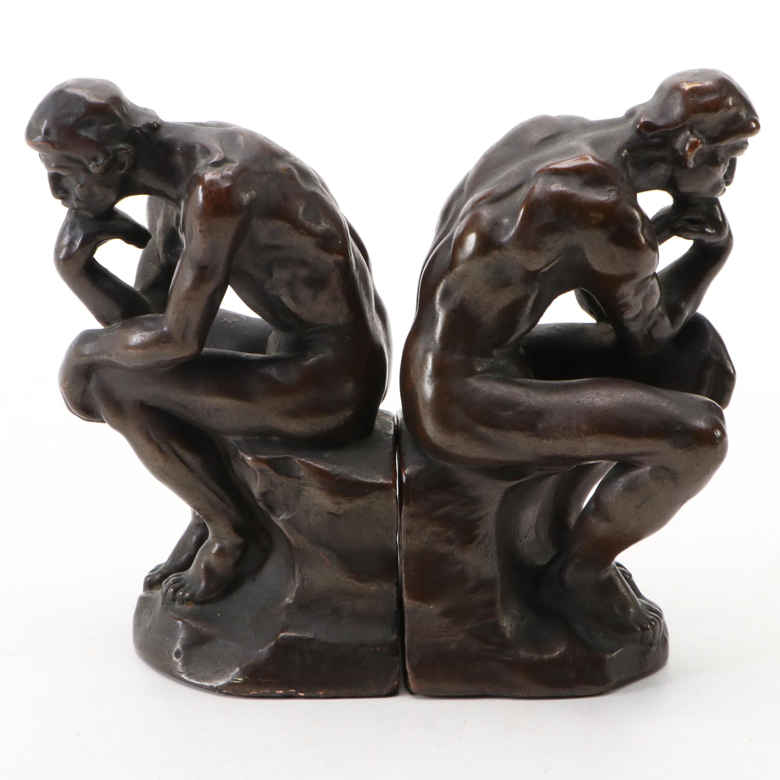 Bronze Finished Metal "The Thinker" Bookends, Early to Mid-20th Century