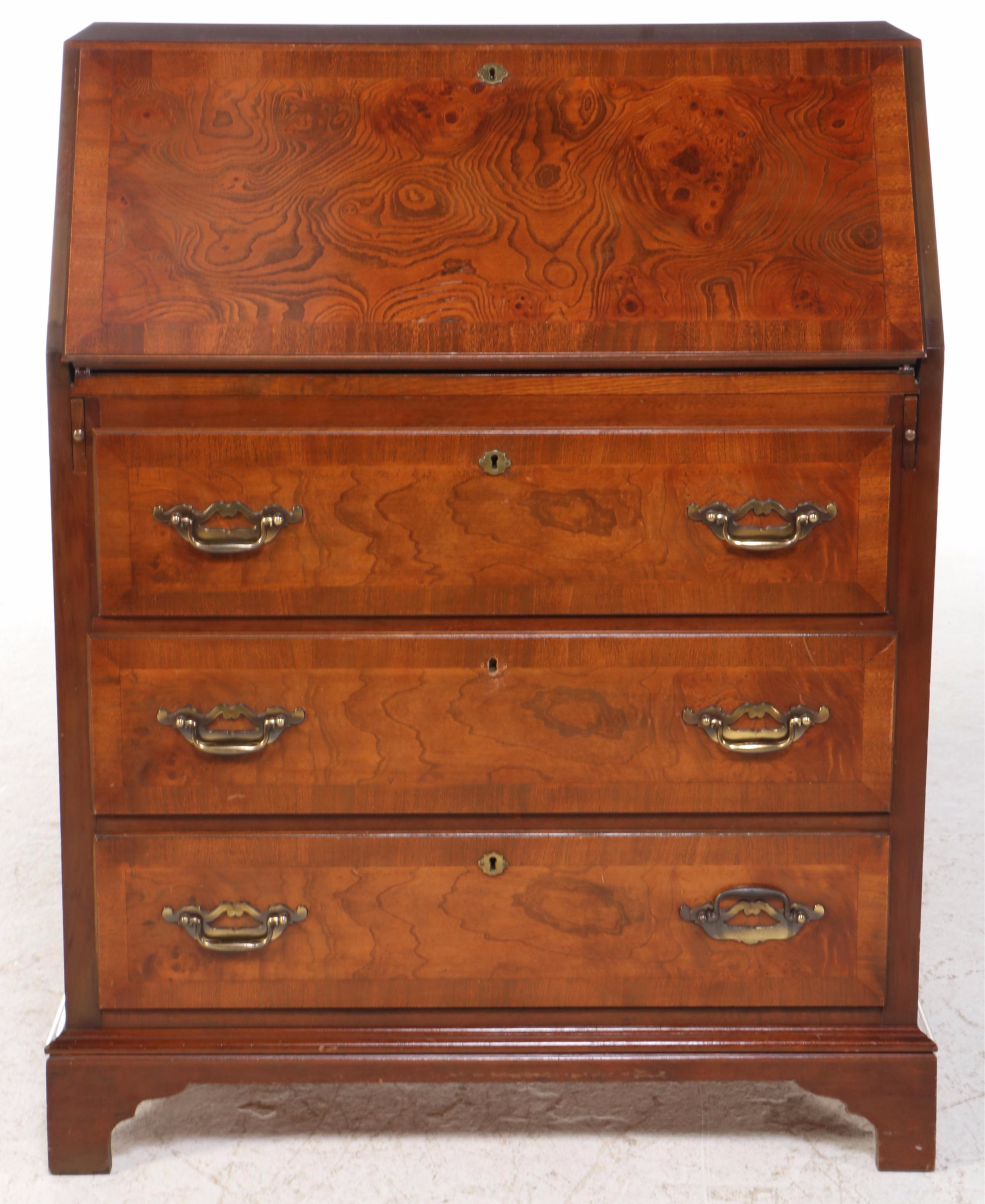Maddox Colonial Federal Style Burl Wood and Mahogany Secretary Desk, 20th C.