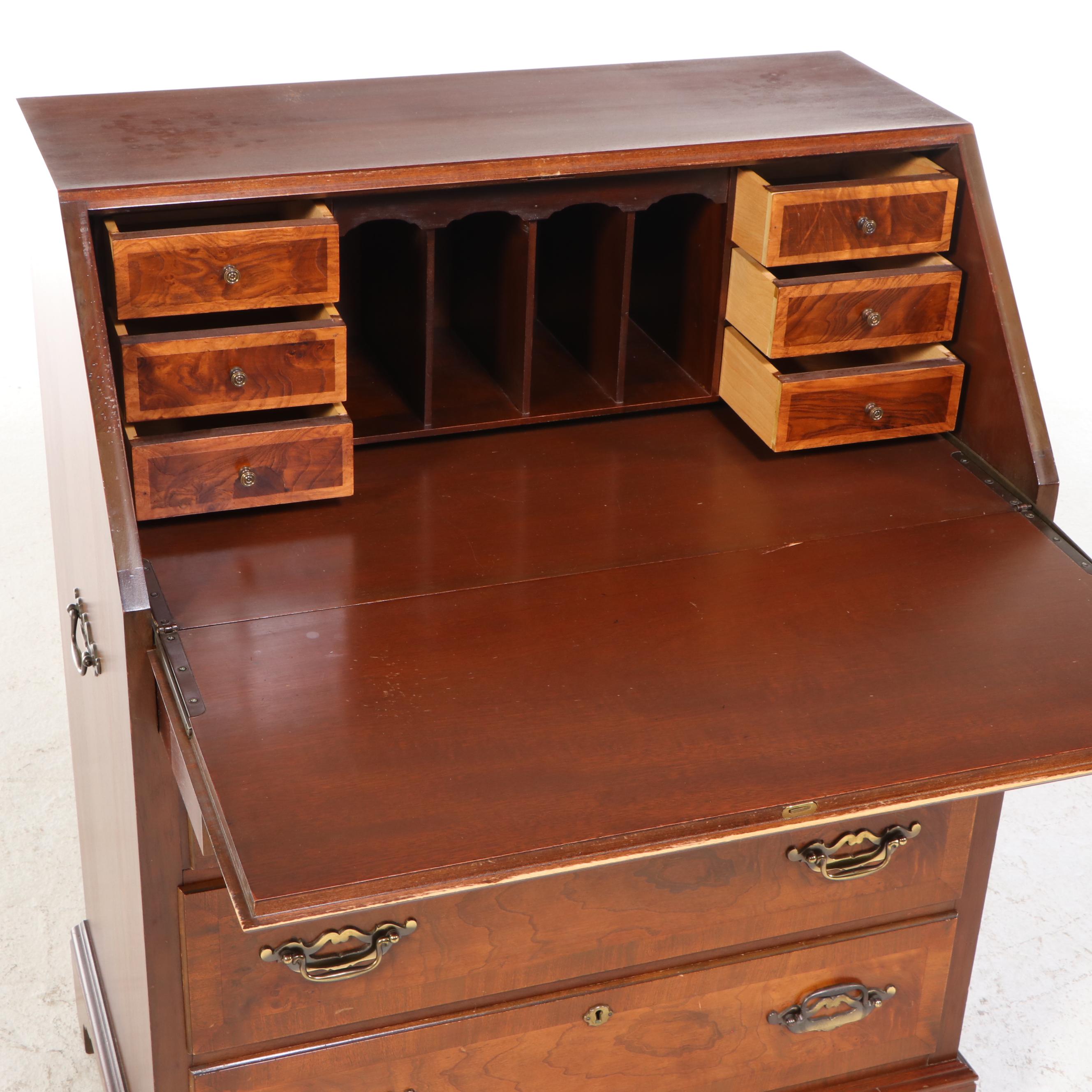 Maddox Colonial Federal Style Burl Wood and Mahogany Secretary Desk, 20th C.