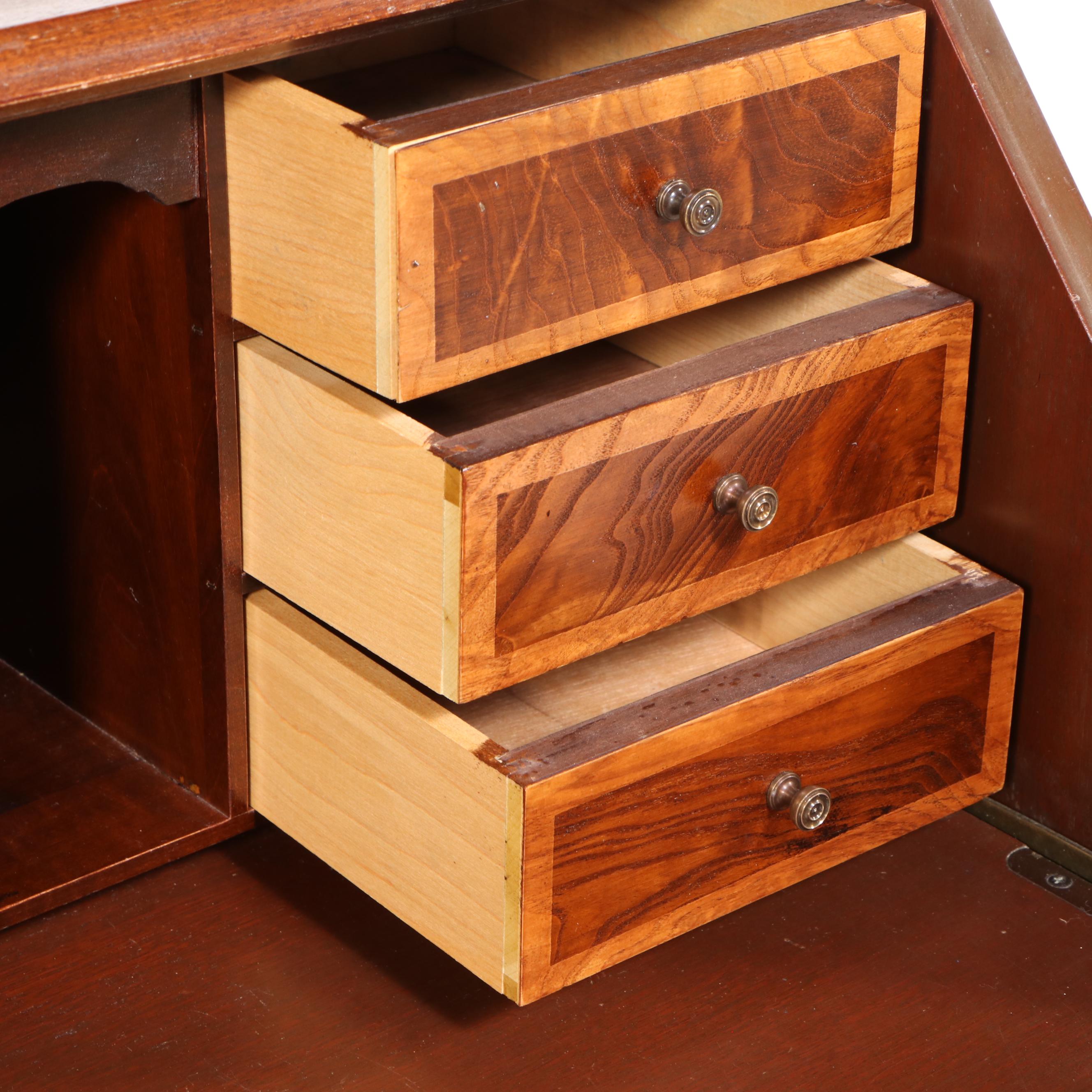 Maddox Colonial Federal Style Burl Wood and Mahogany Secretary Desk, 20th C.