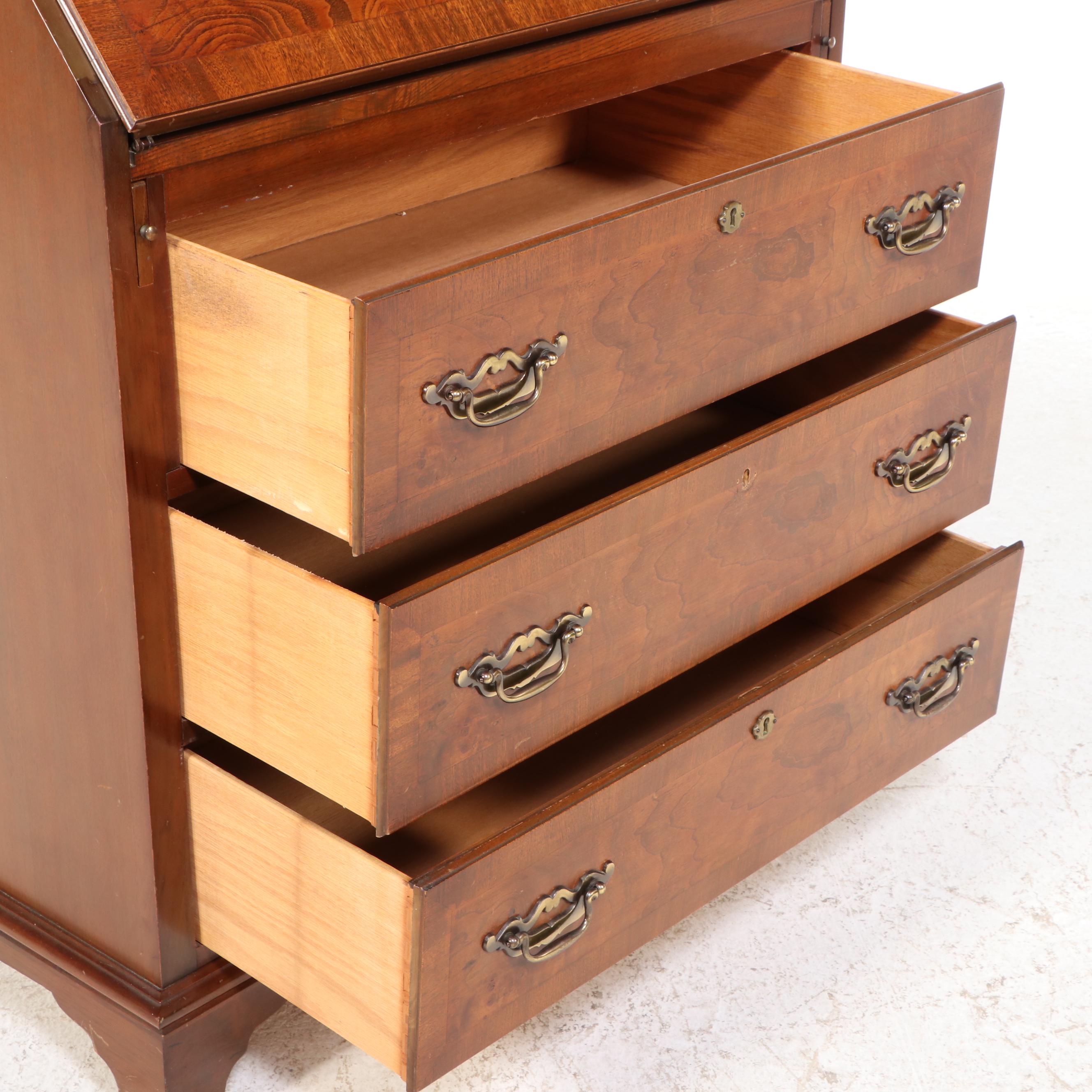 Maddox Colonial Federal Style Burl Wood and Mahogany Secretary Desk, 20th C.