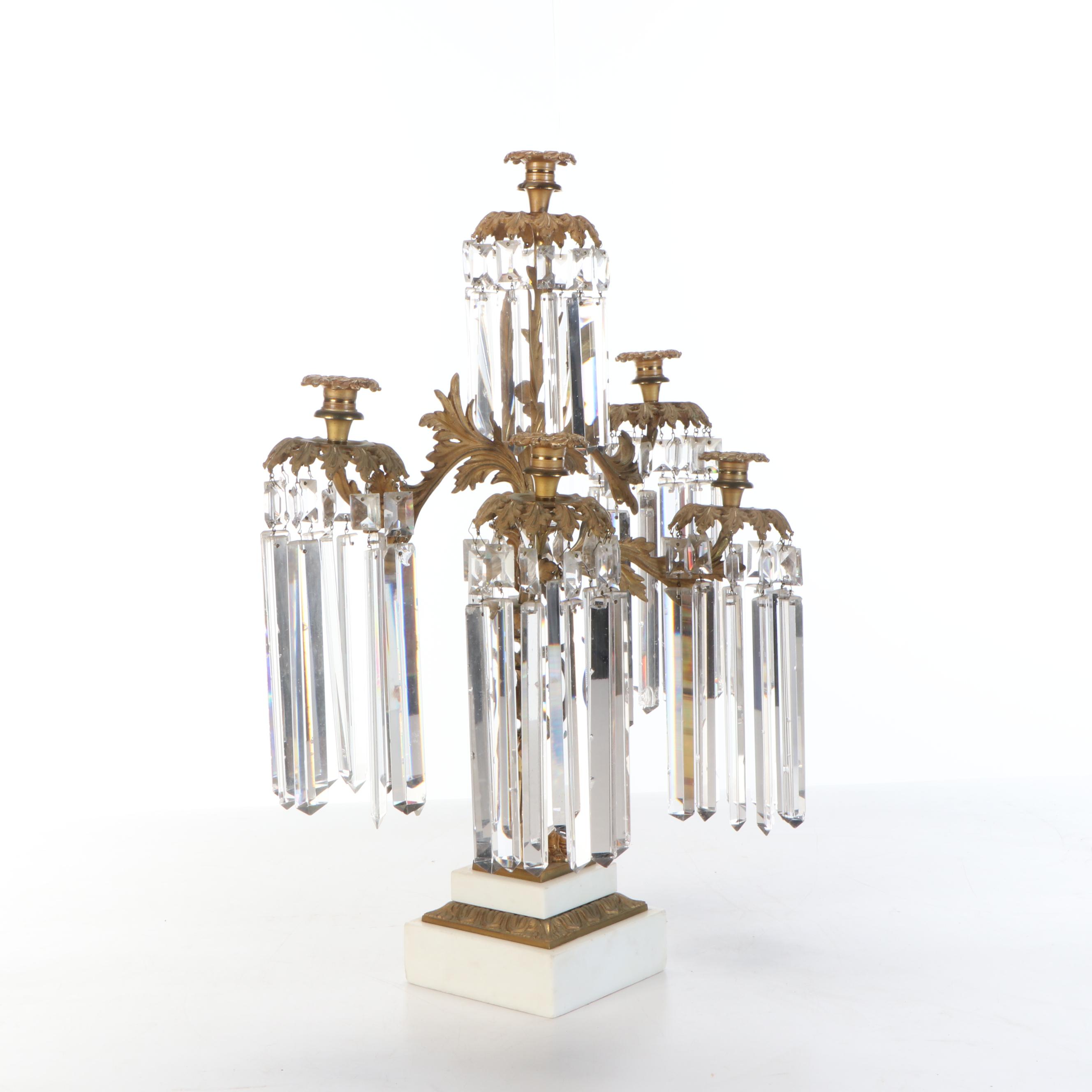 Large 26" Brass Five-Arm Candelabra with Glass Ornamentation and Marble Base