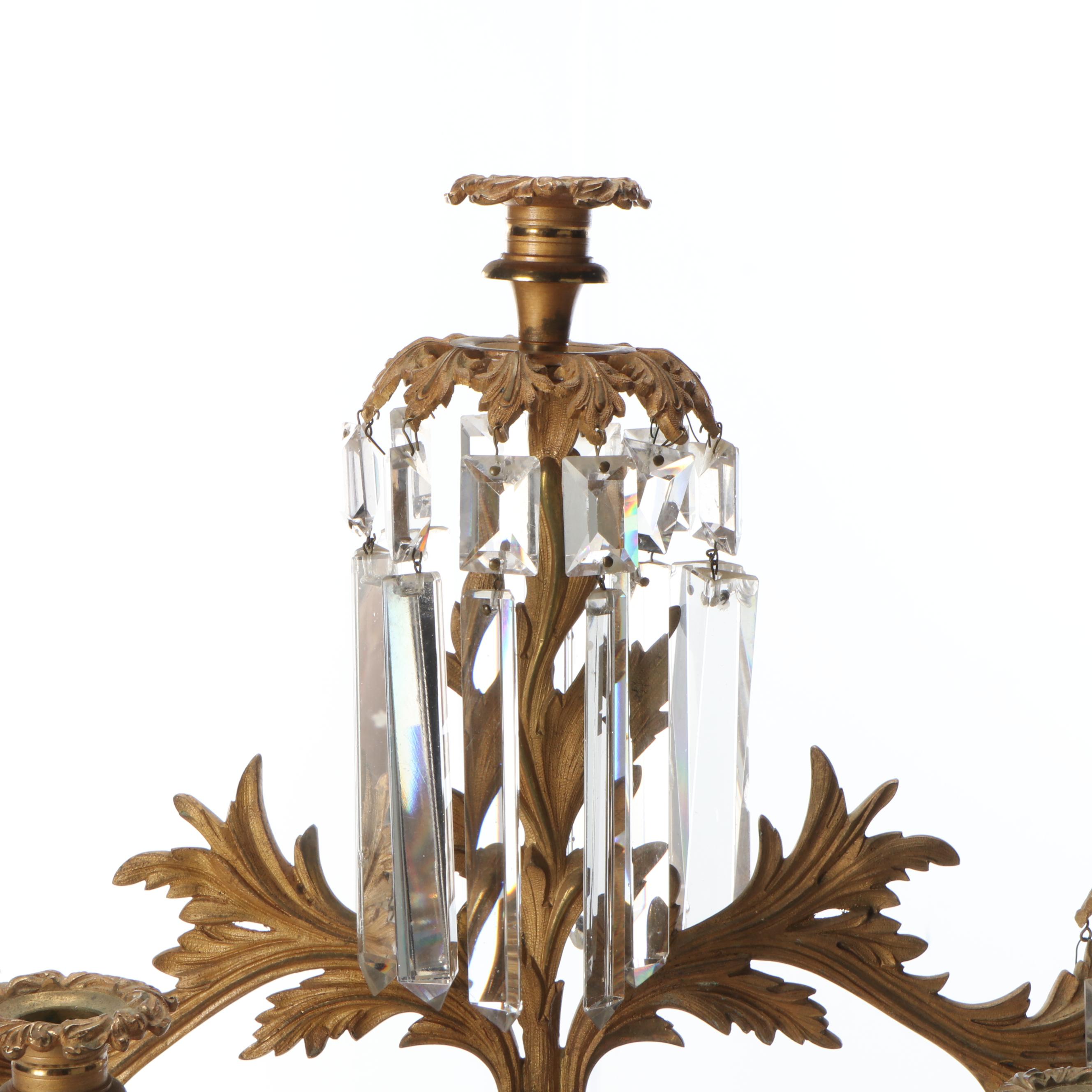 Large 26" Brass Five-Arm Candelabra with Glass Ornamentation and Marble Base