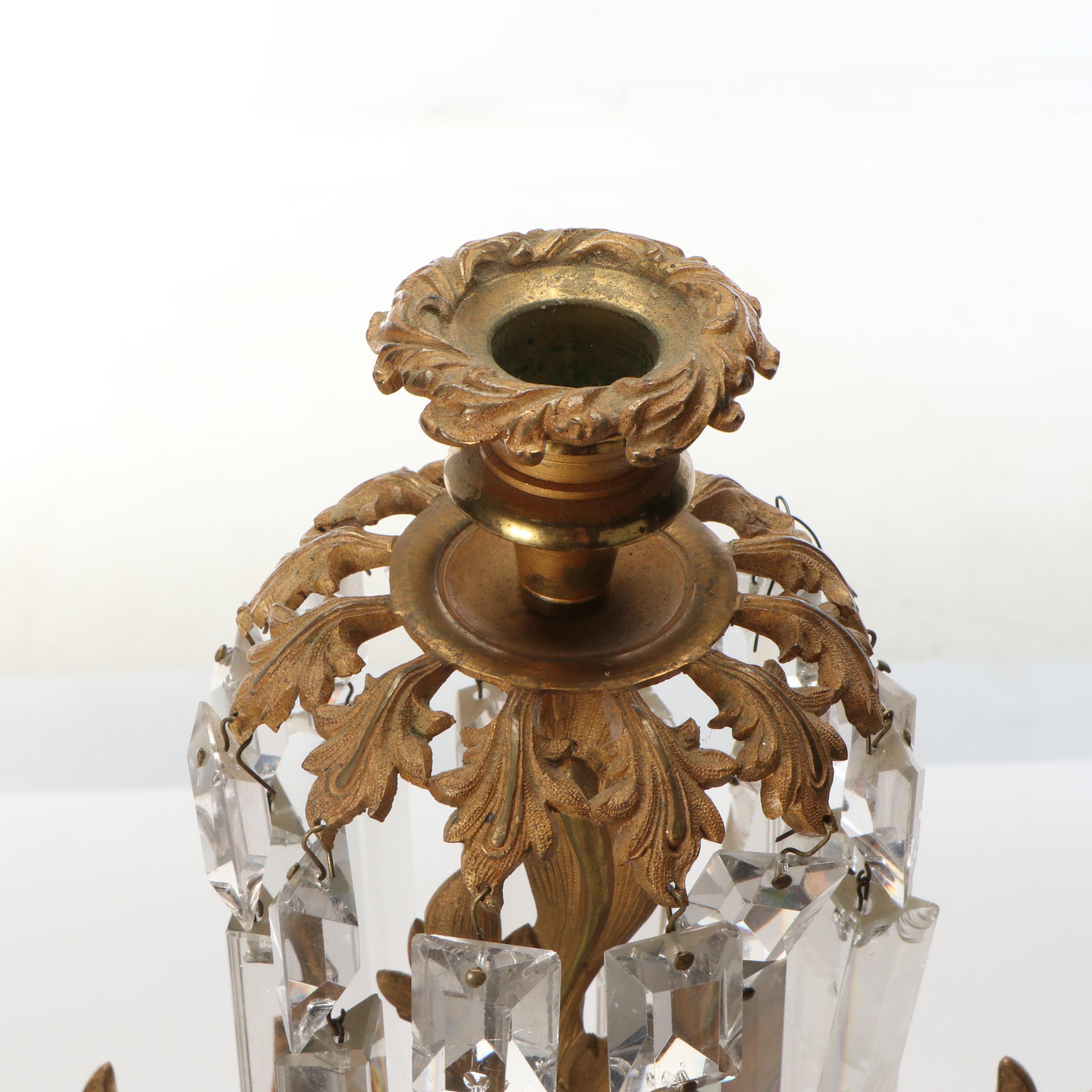 Large 26" Brass Five-Arm Candelabra with Glass Ornamentation and Marble Base