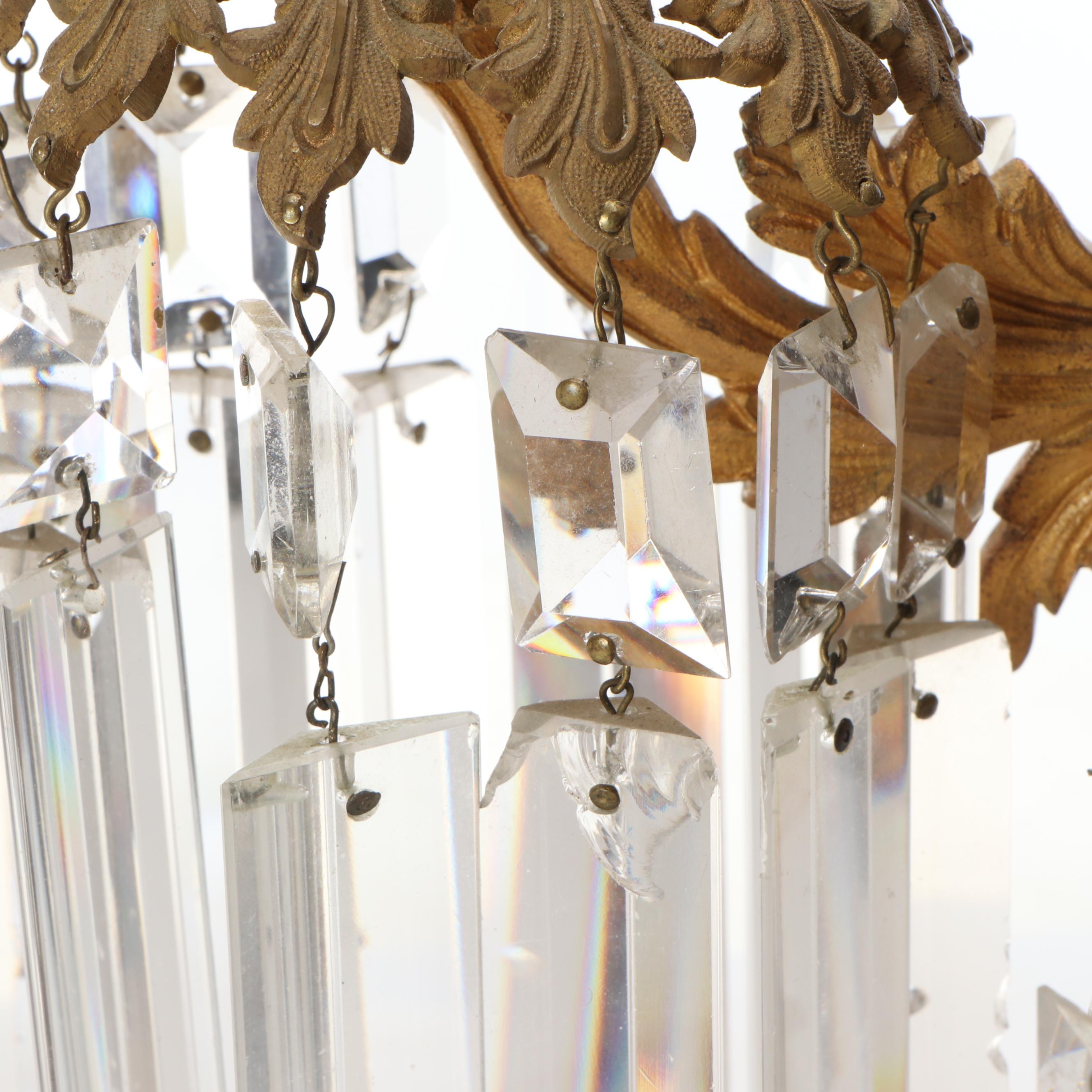 Large 26" Brass Five-Arm Candelabra with Glass Ornamentation and Marble Base