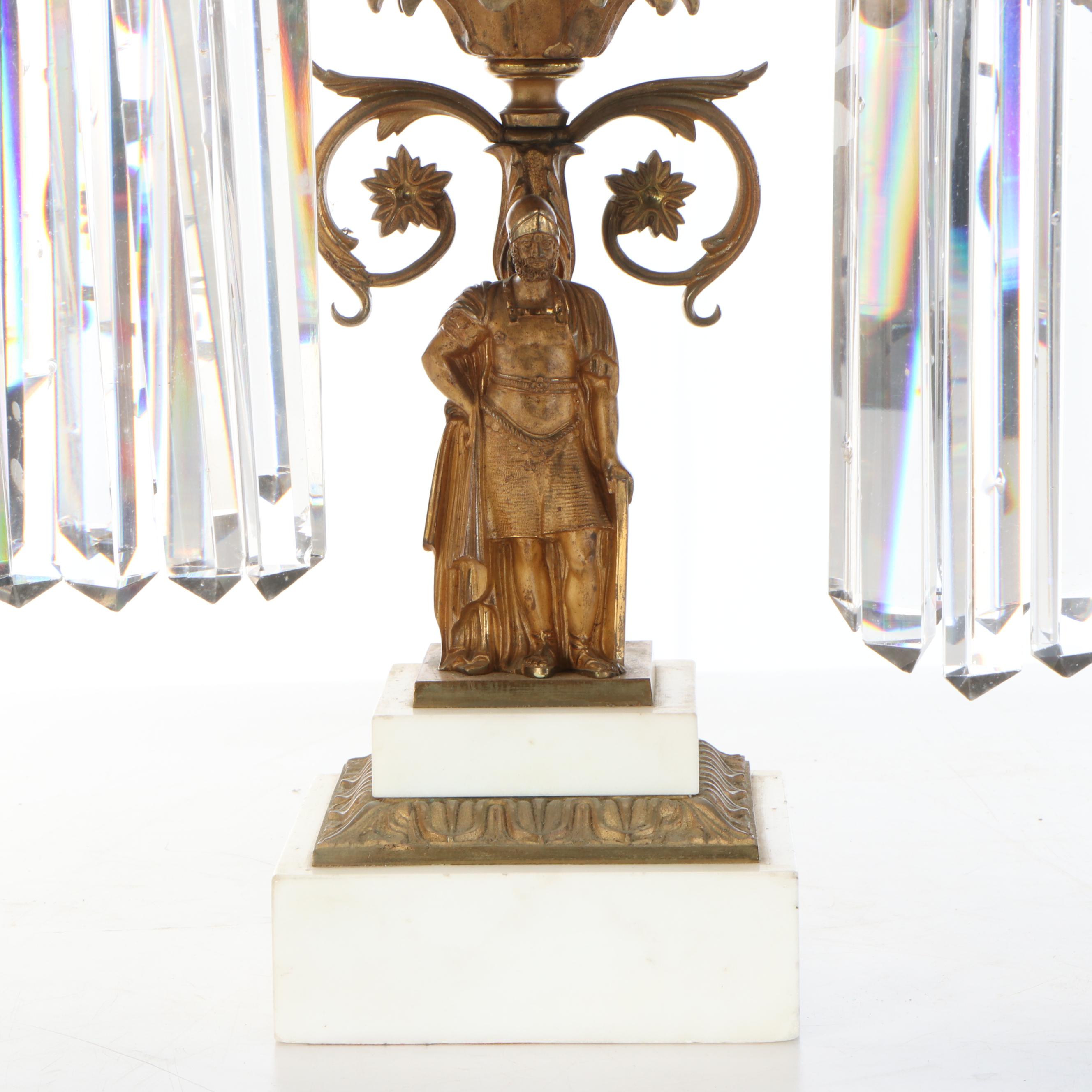 Large 26" Brass Five-Arm Candelabra with Glass Ornamentation and Marble Base