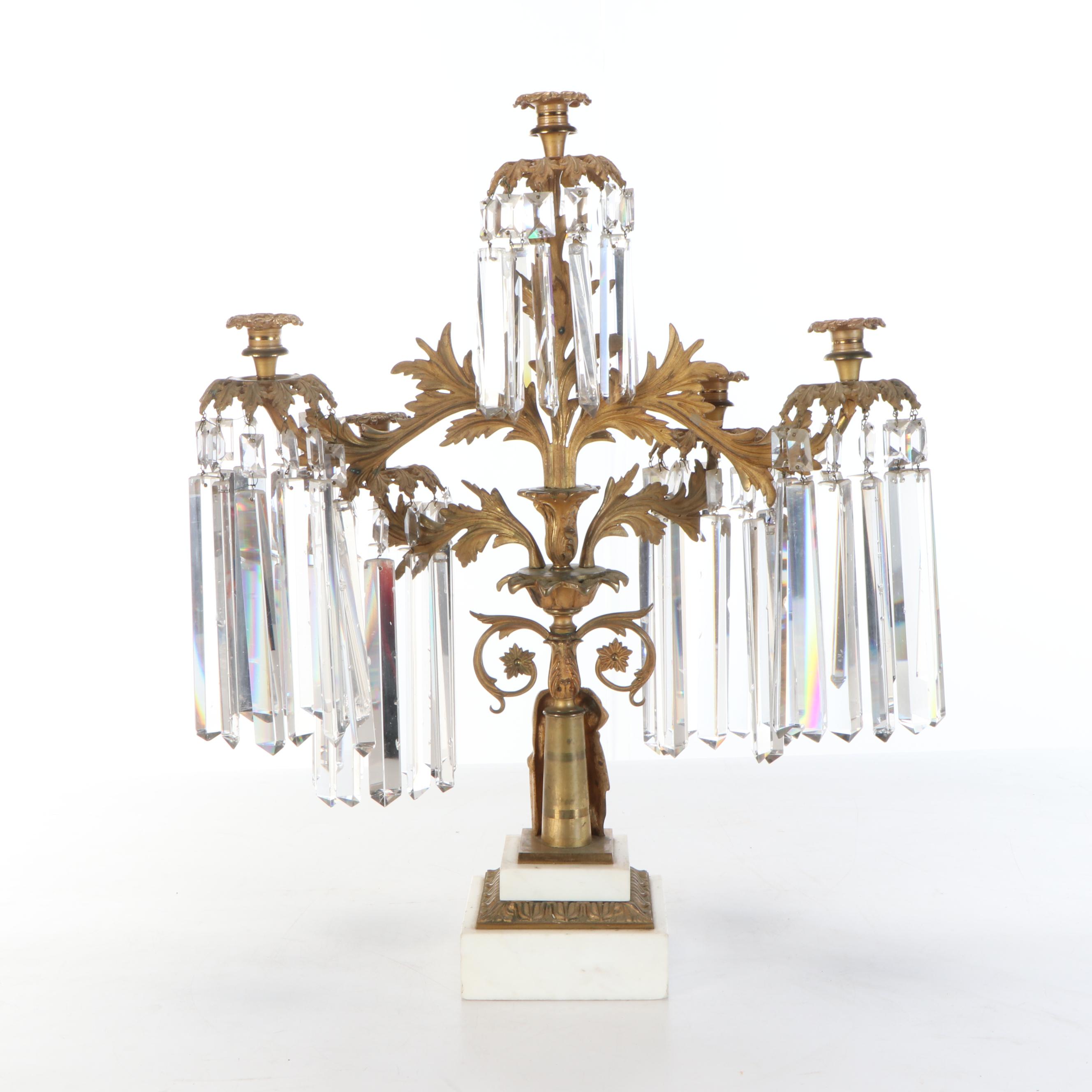 Large 26" Brass Five-Arm Candelabra with Glass Ornamentation and Marble Base