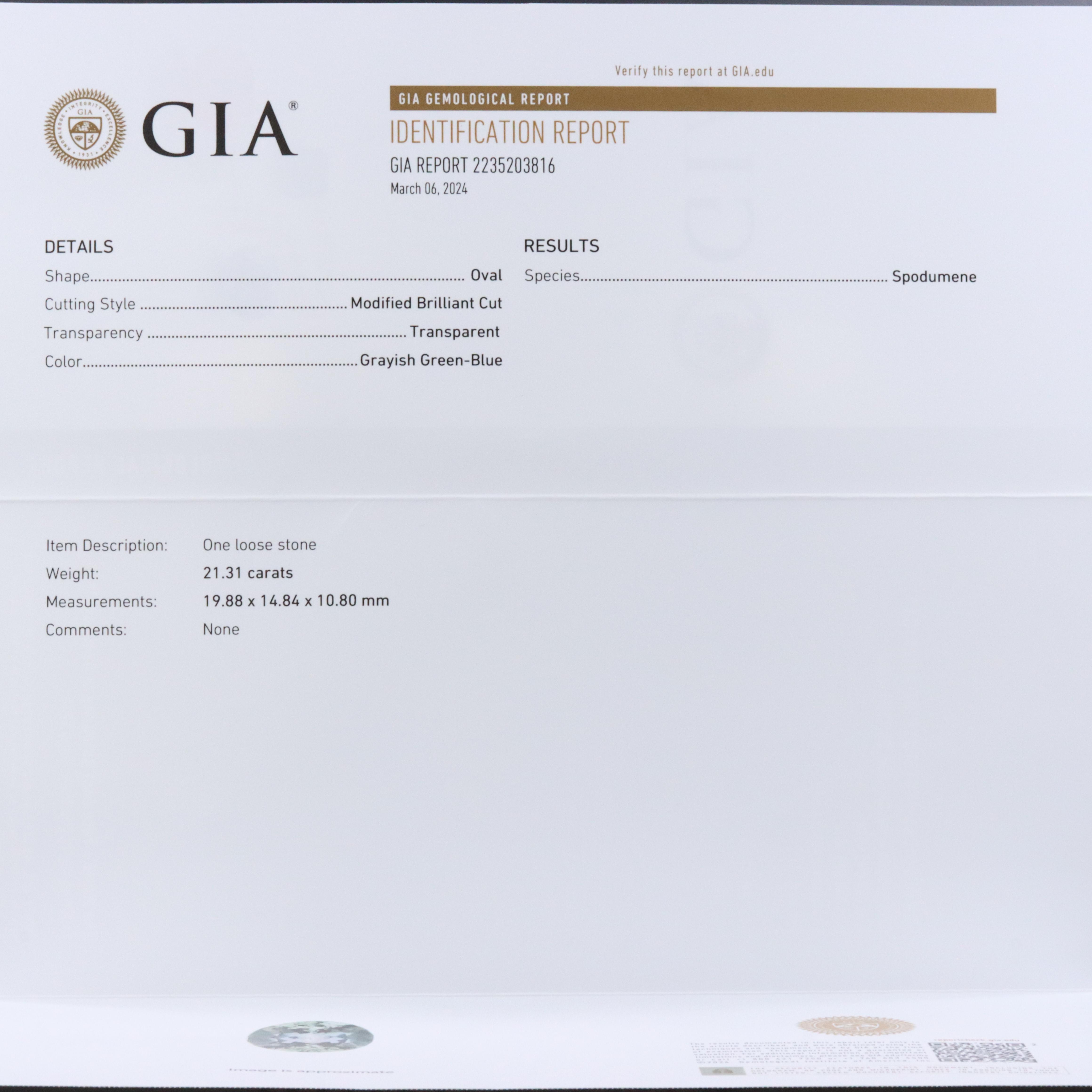 Loose 21.31 CT Spodumene with GIA Report