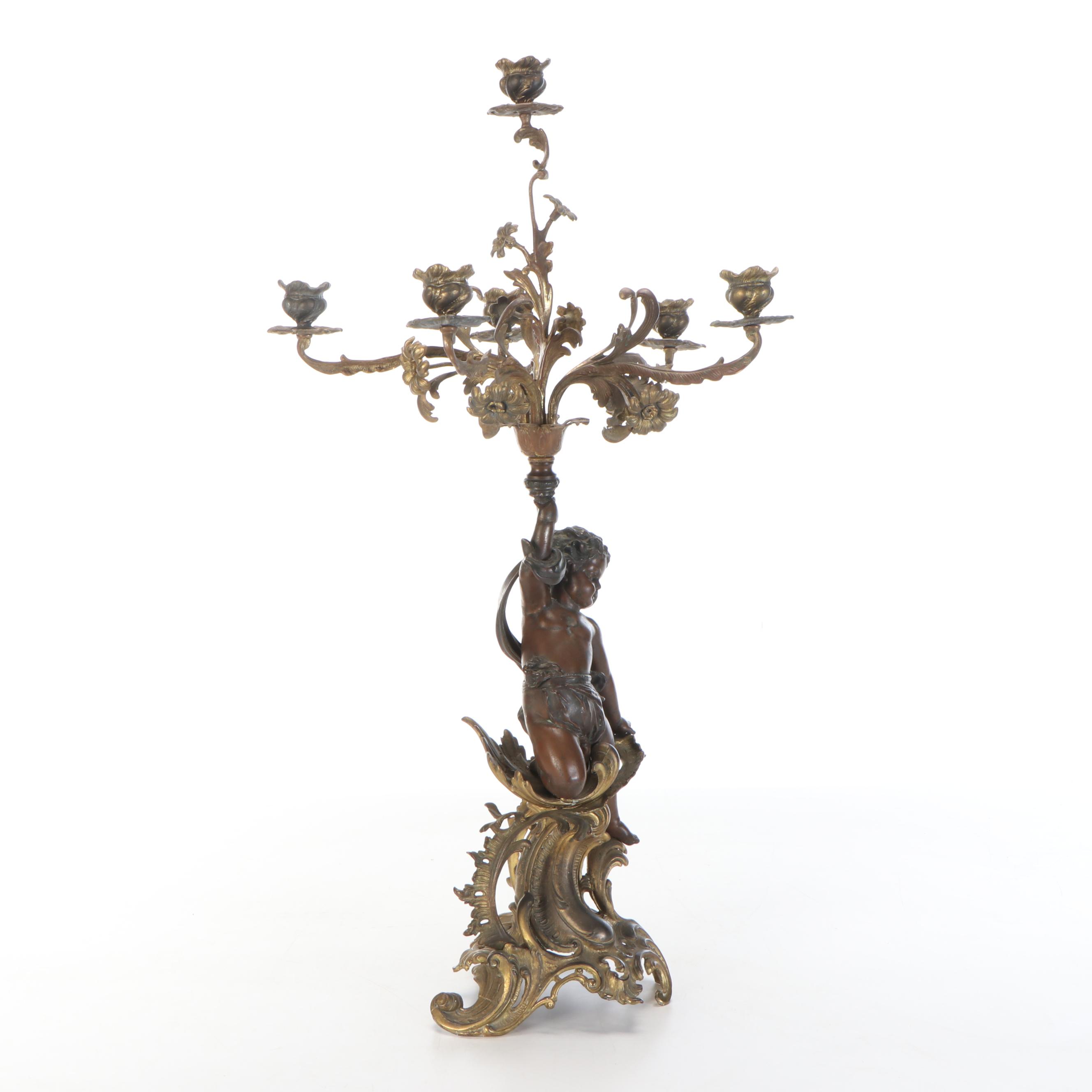 Brass and Other Metal Six-Arm Candelabra with Figural Motif