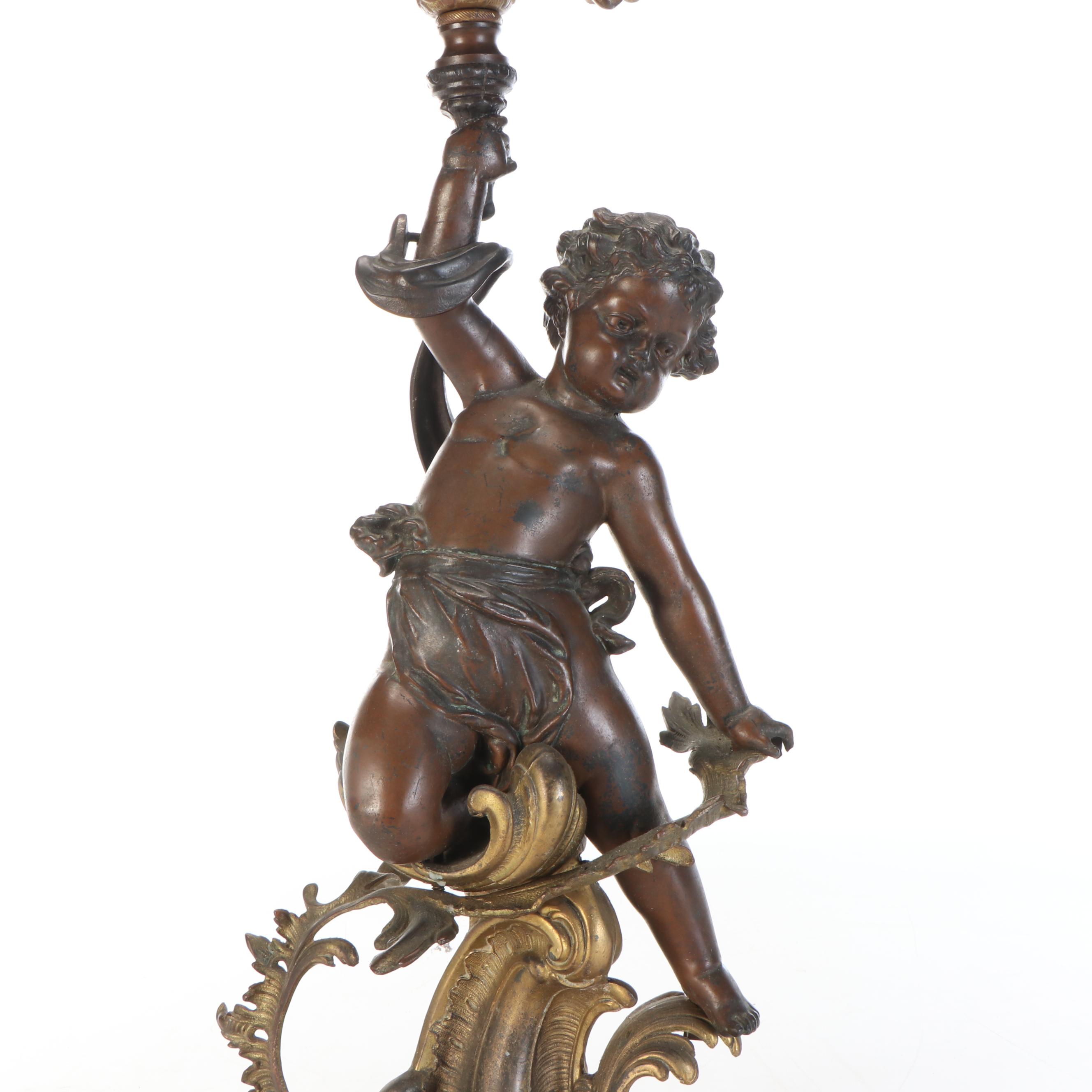 Brass and Other Metal Six-Arm Candelabra with Figural Motif