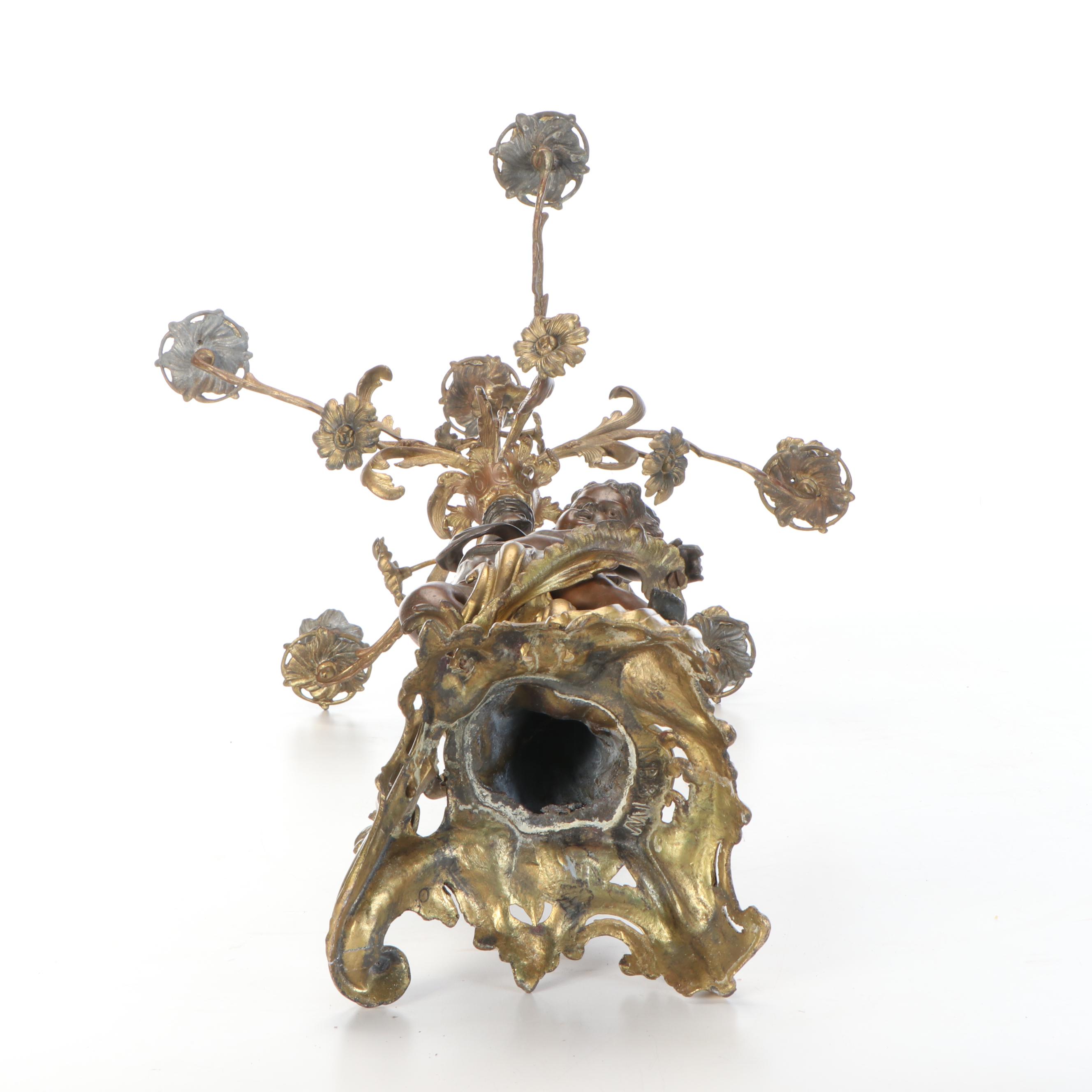 Brass and Other Metal Six-Arm Candelabra with Figural Motif