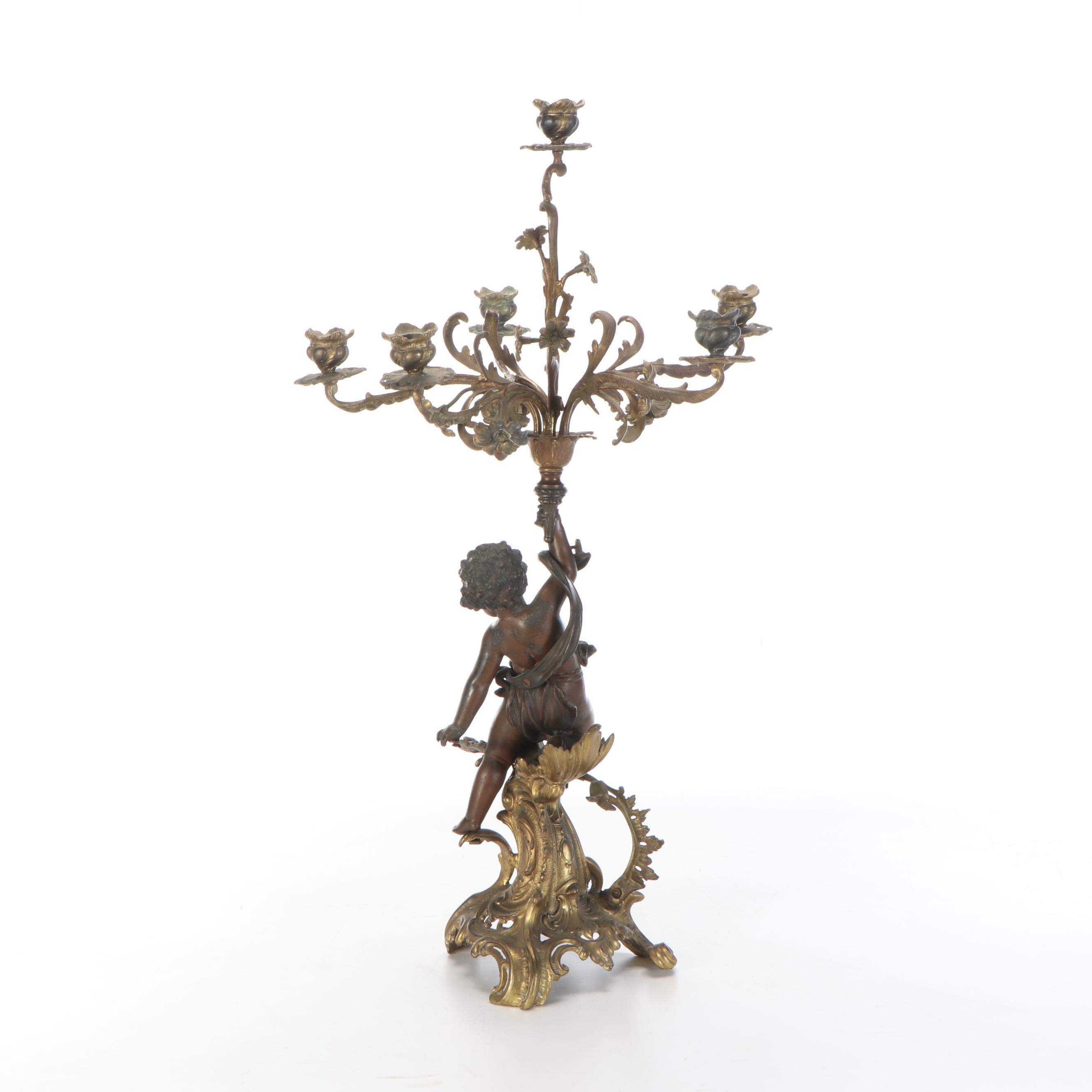 Brass and Other Metal Six-Arm Candelabra with Figural Motif