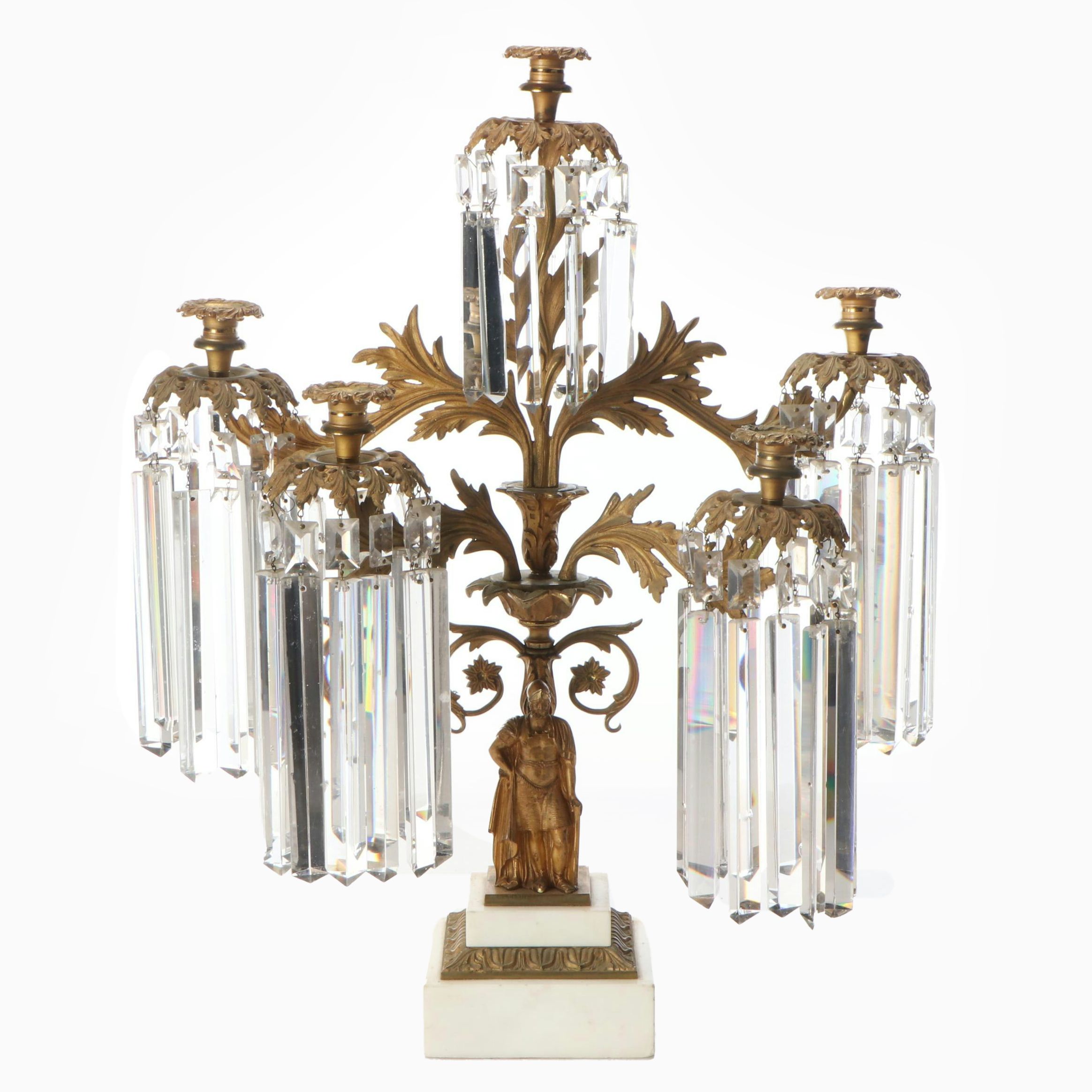 Large 26" Brass Five-Arm Candelabra with Glass Ornamentation and Marble Base