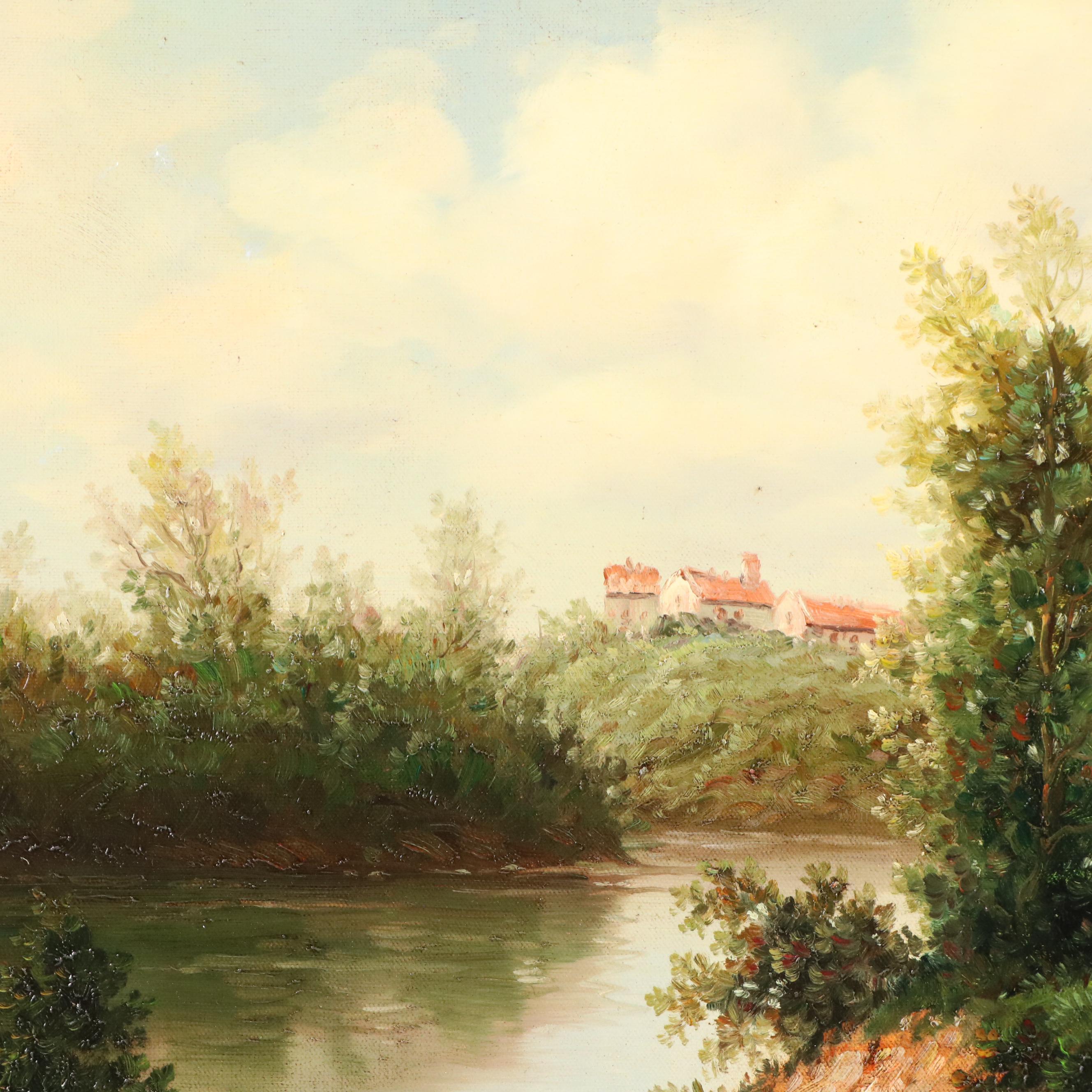 Maffei Riverside Landscape Oil Painting, 20th C.