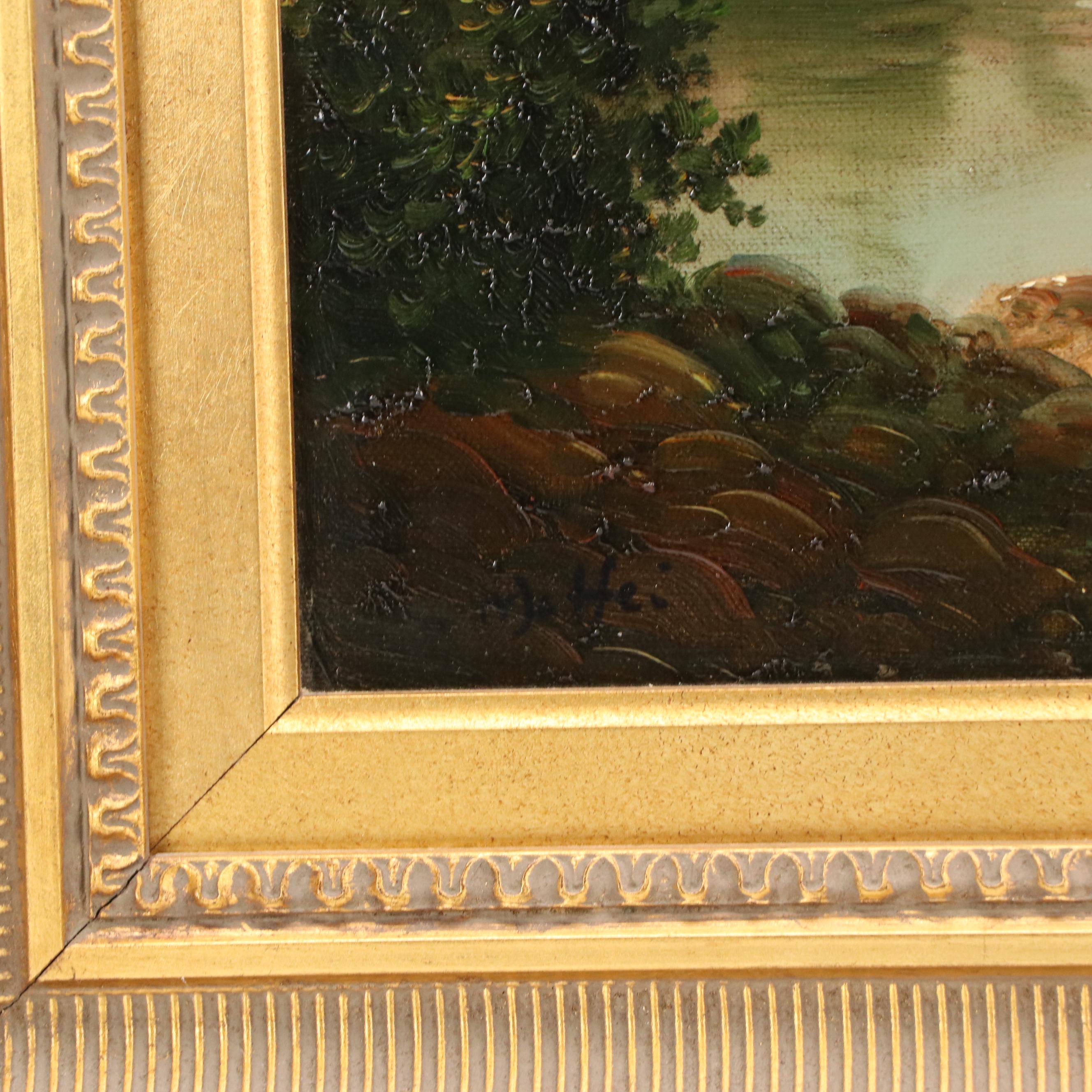 Maffei Riverside Landscape Oil Painting, 20th C.