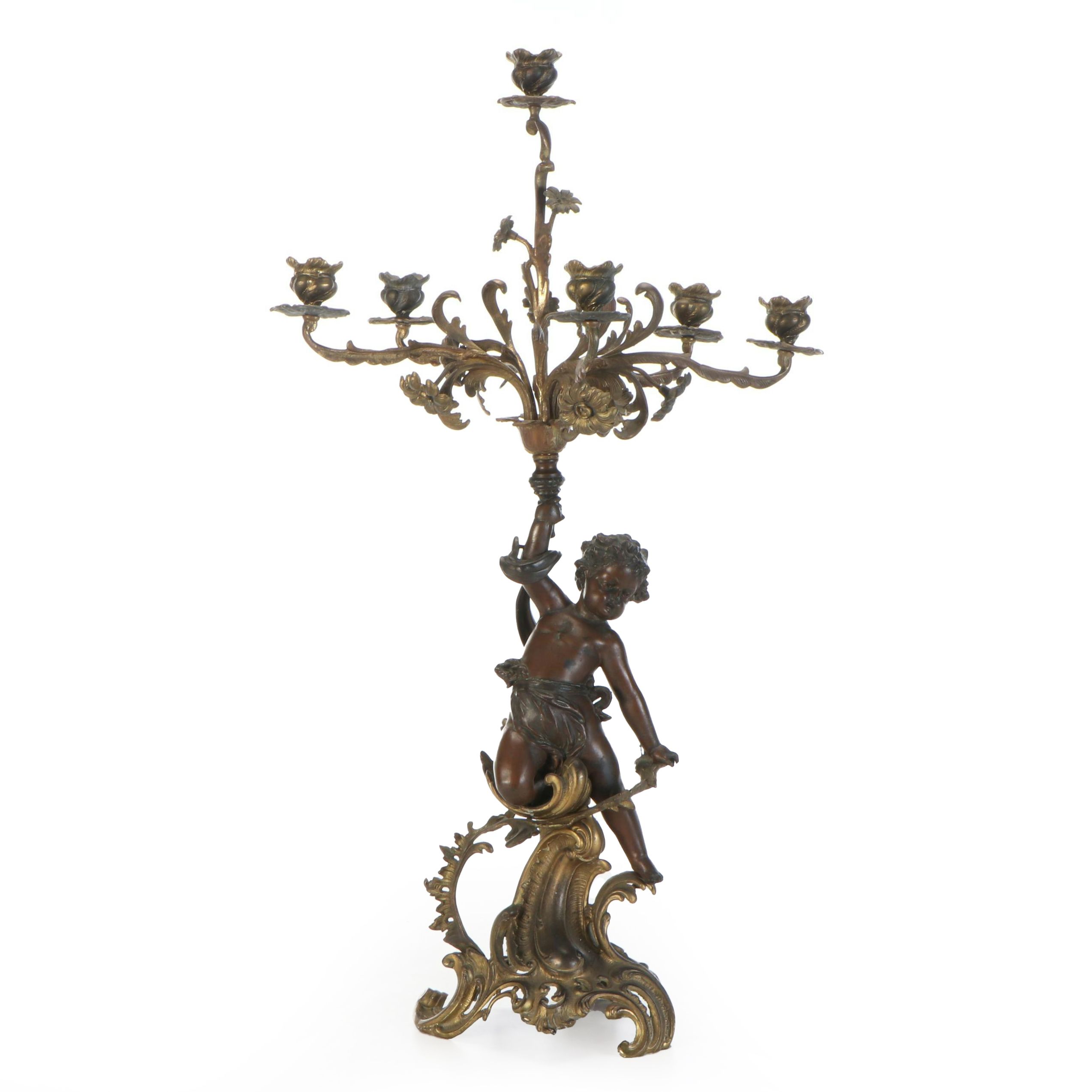 Brass and Other Metal Six-Arm Candelabra with Figural Motif