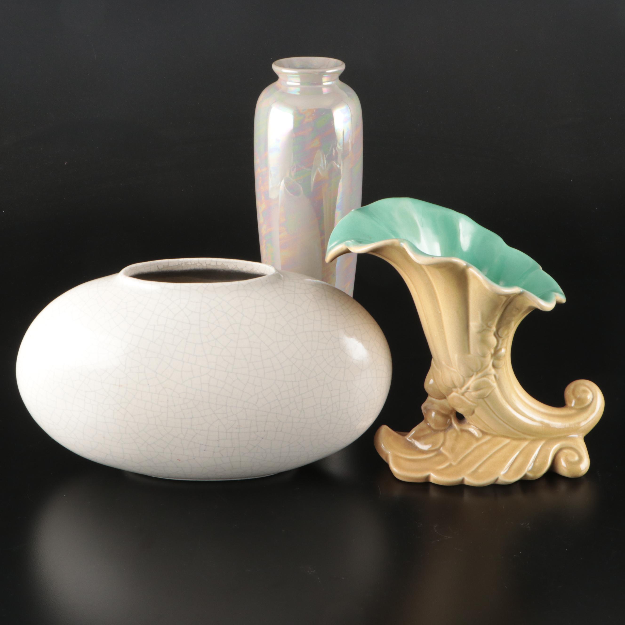 Red Wing Ceramic Cornucopia, Luster Glaze Vase and Crackle Glass Vessel
