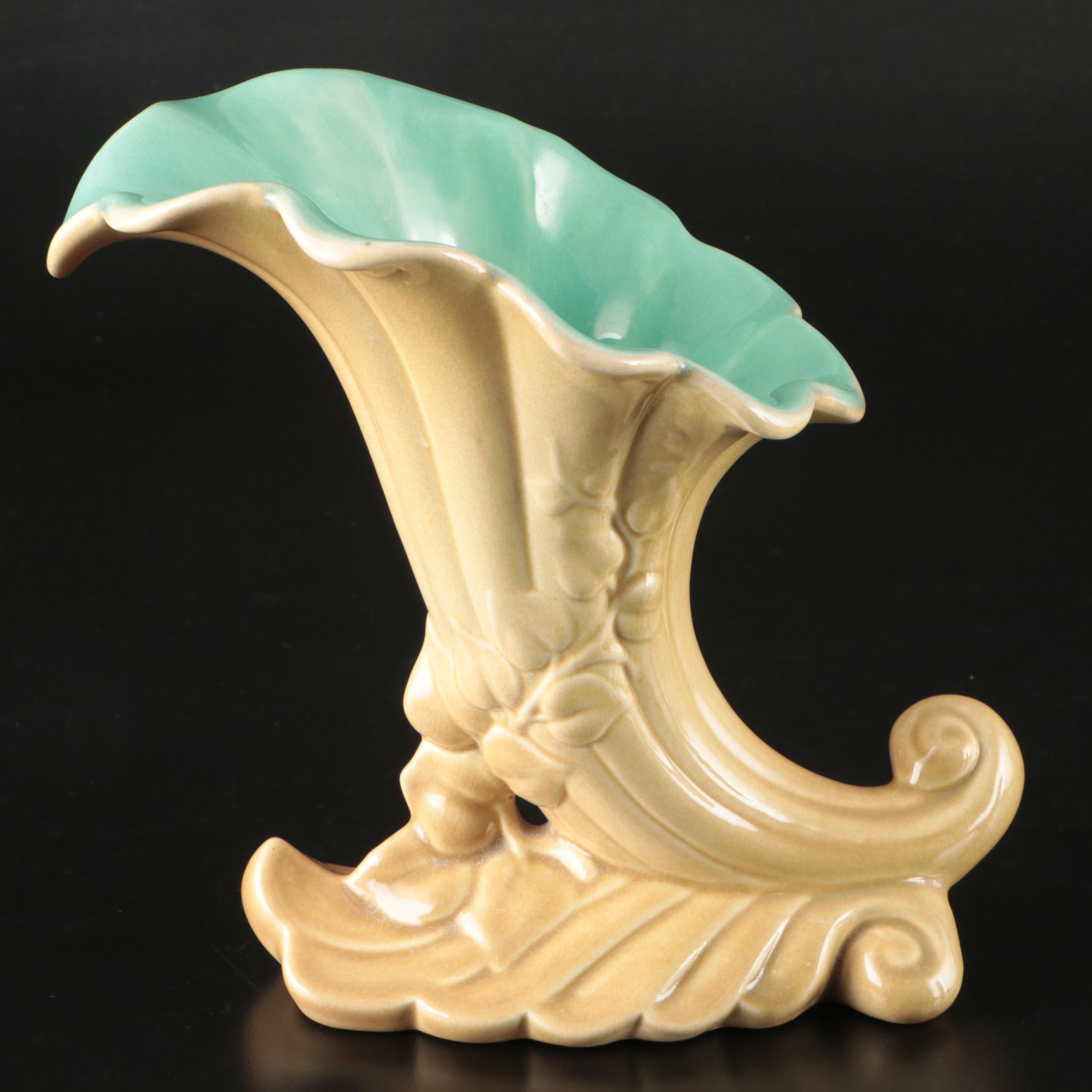 Red Wing Ceramic Cornucopia, Luster Glaze Vase and Crackle Glass Vessel