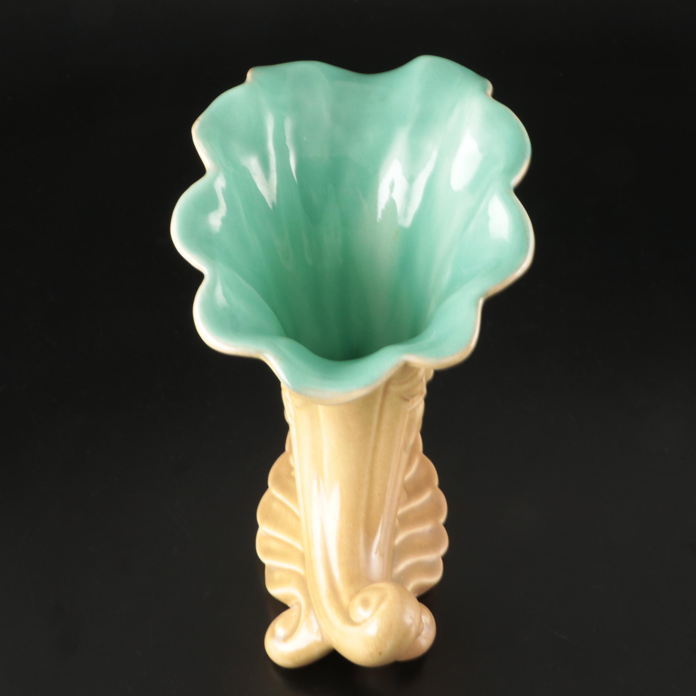 Red Wing Ceramic Cornucopia, Luster Glaze Vase and Crackle Glass Vessel