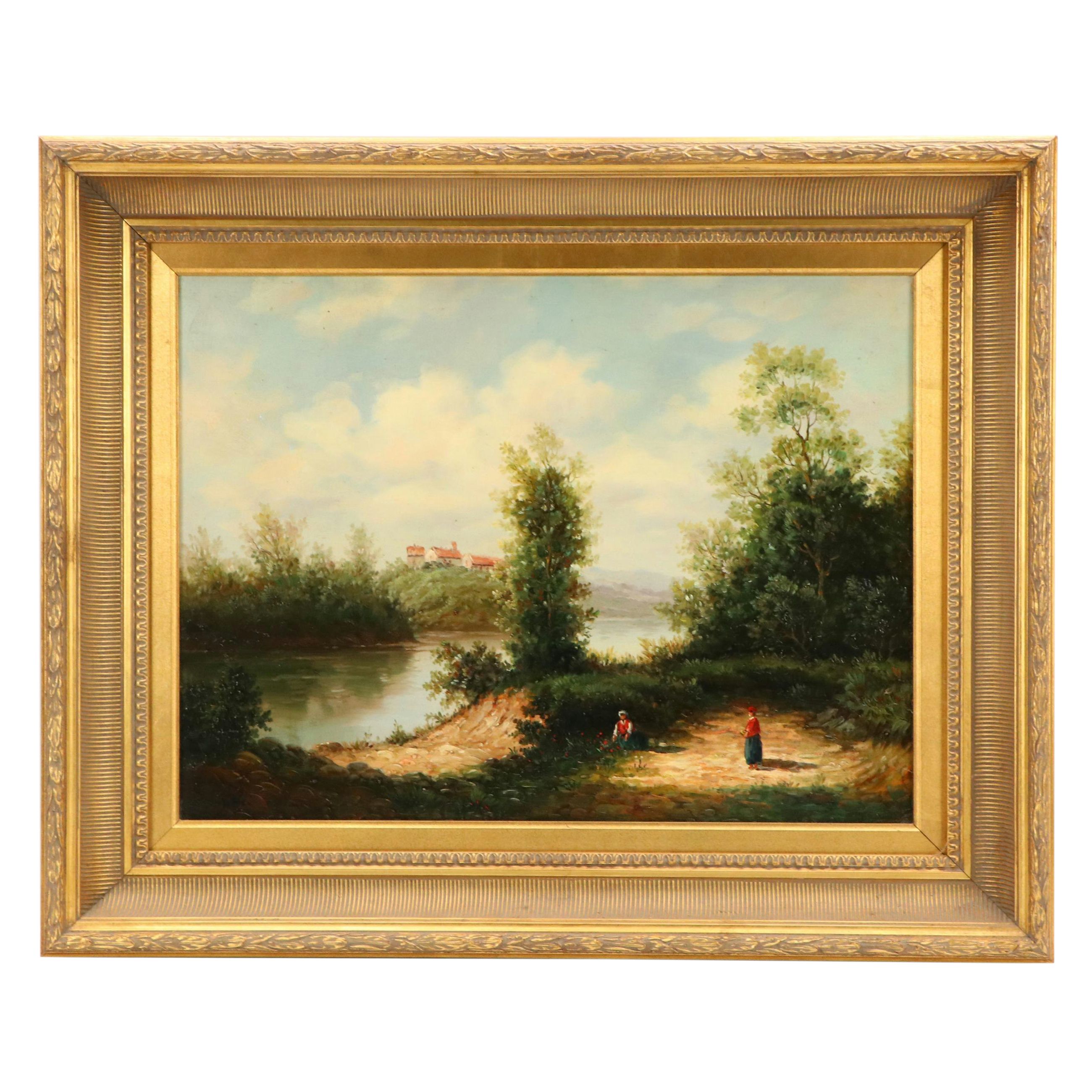 Maffei Riverside Landscape Oil Painting, 20th C.