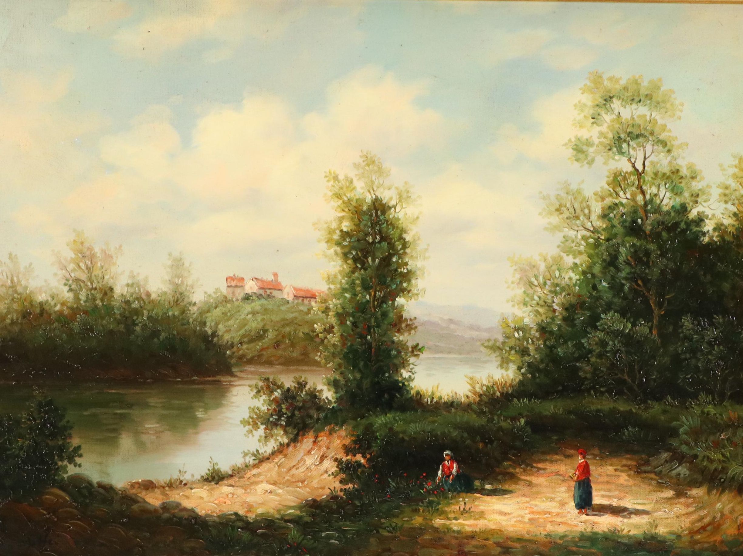 Maffei Riverside Landscape Oil Painting, 20th C.