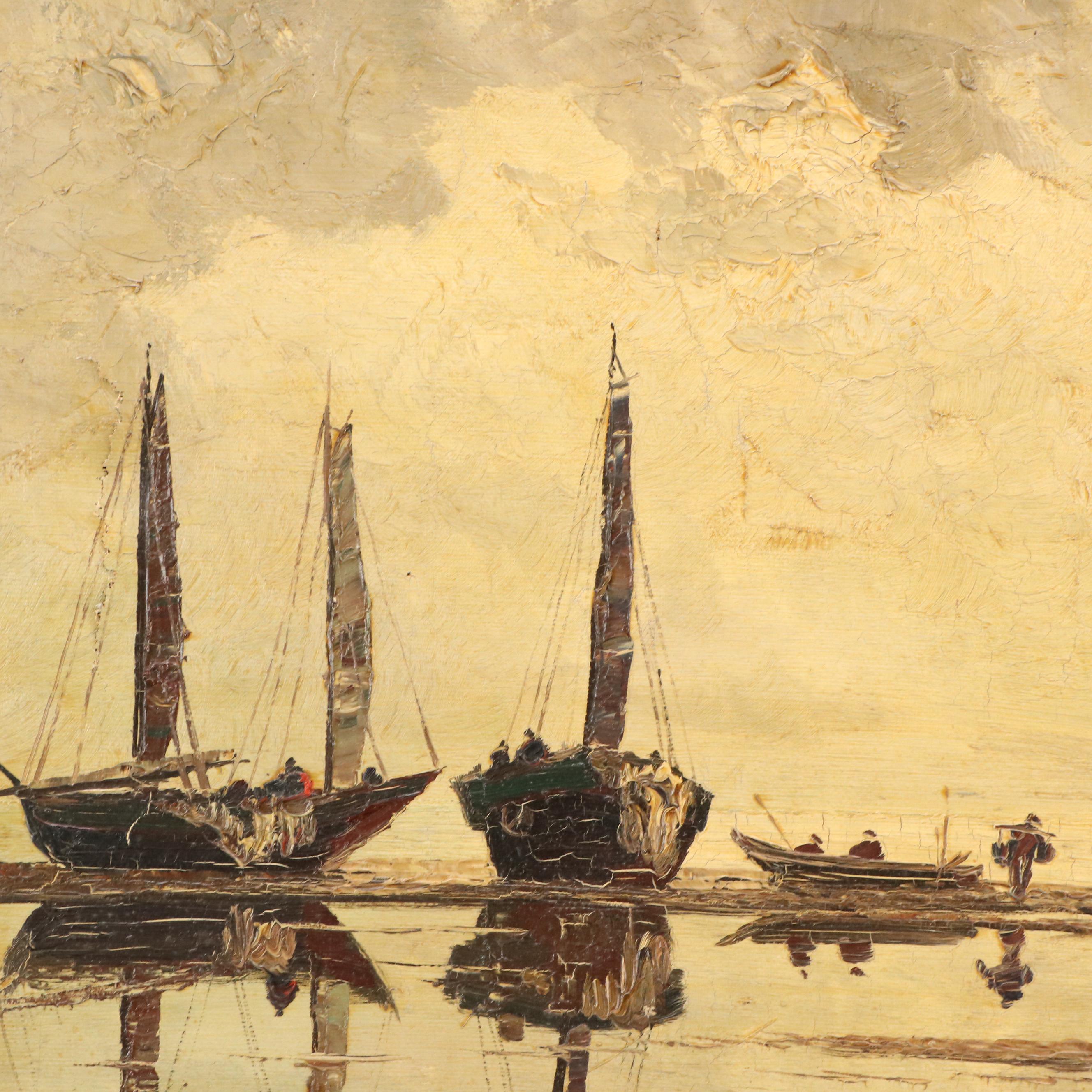 Georg Arnold-Graboné Oil Painting with Sailboat Reflections, 20th Century