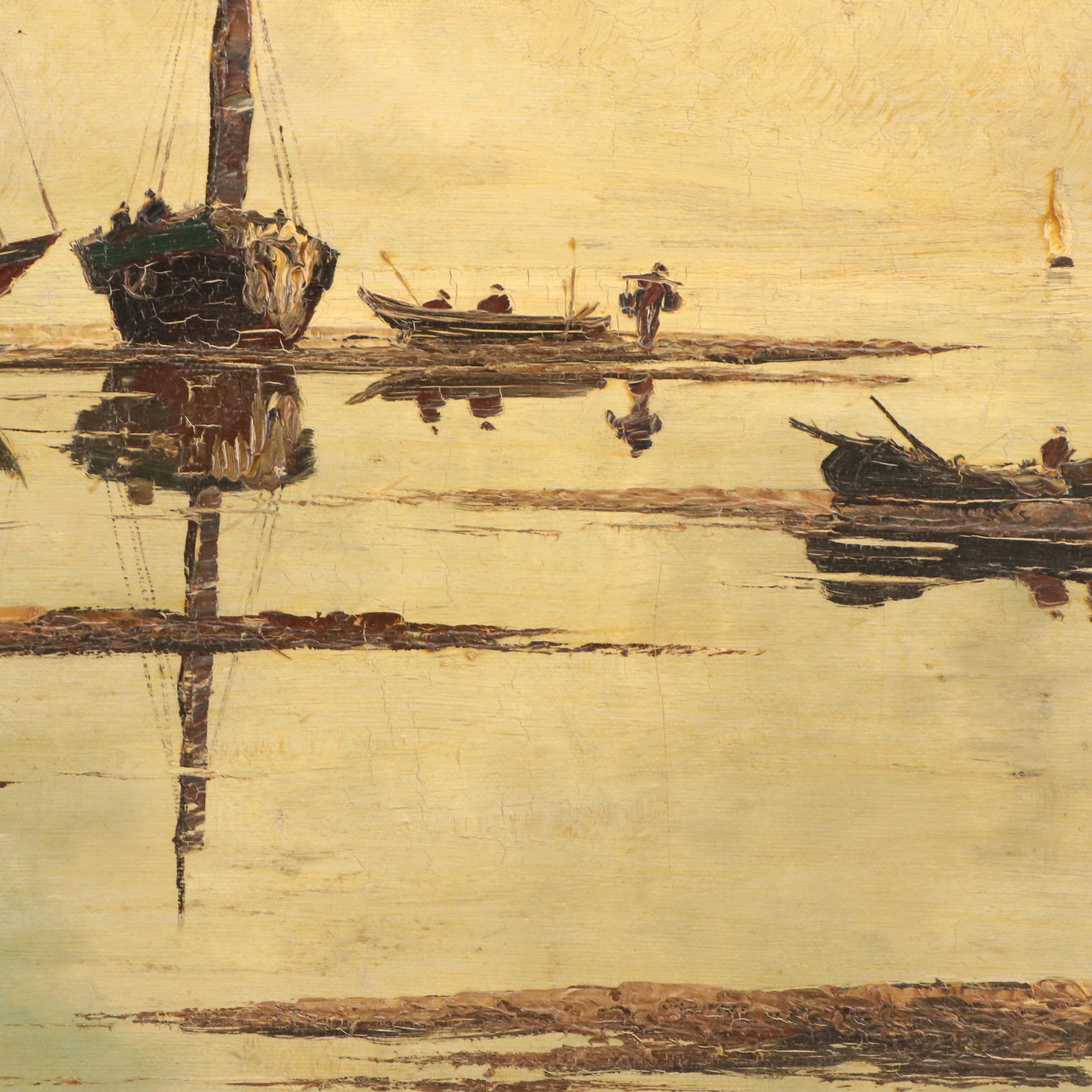Georg Arnold-Graboné Oil Painting with Sailboat Reflections, 20th Century