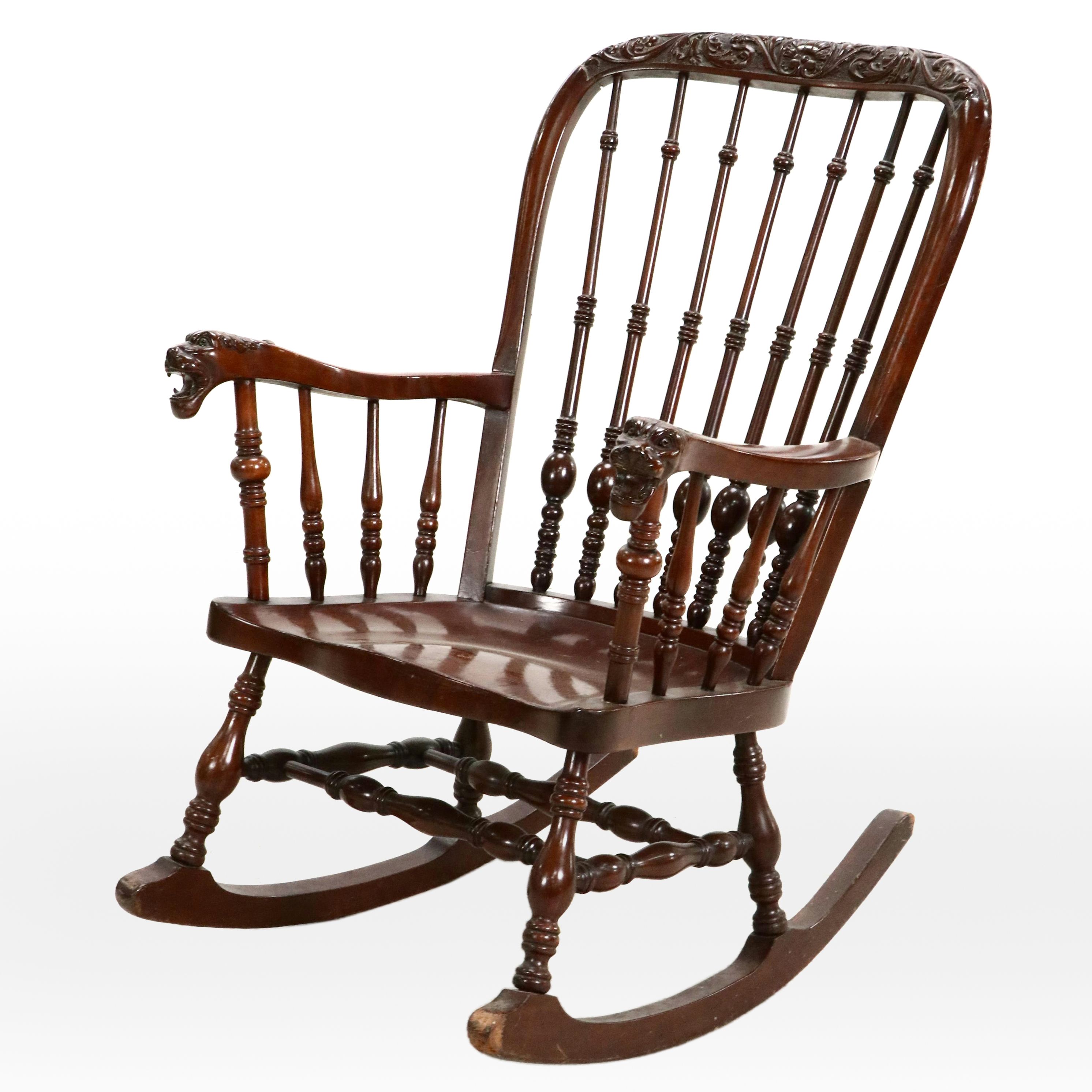 Gothic Style Carved Mahogany Rocking Chair, Manner of R. J. Horner
