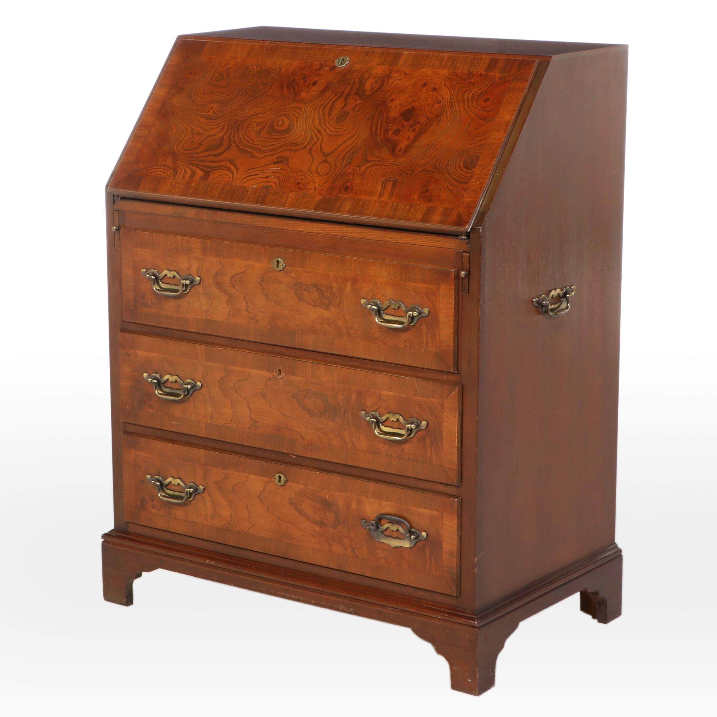 Maddox Colonial Federal Style Burl Wood and Mahogany Secretary Desk, 20th C.