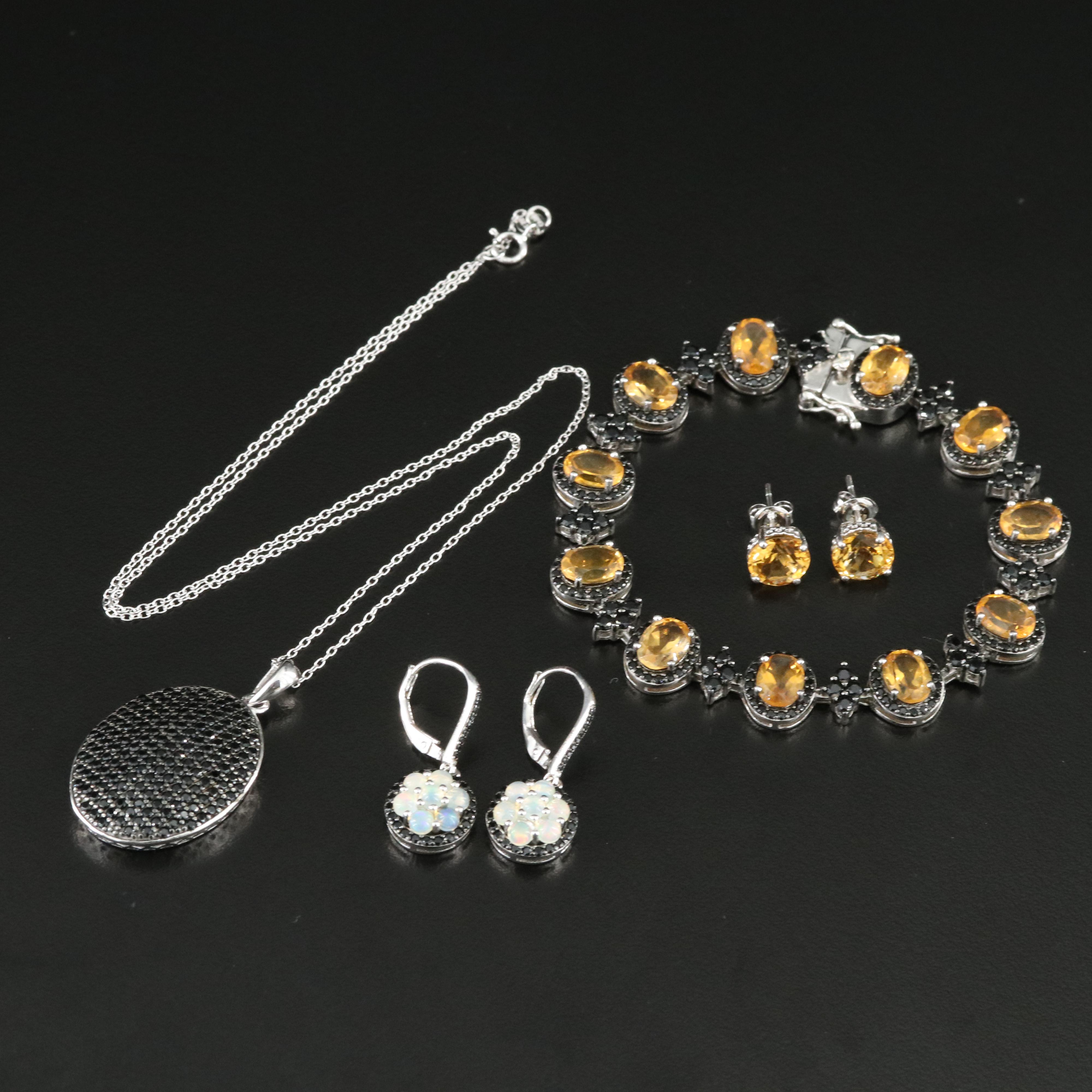 Sterling Opal, Citrine and Spinel Bracelet, Earrings and Pendant Necklace