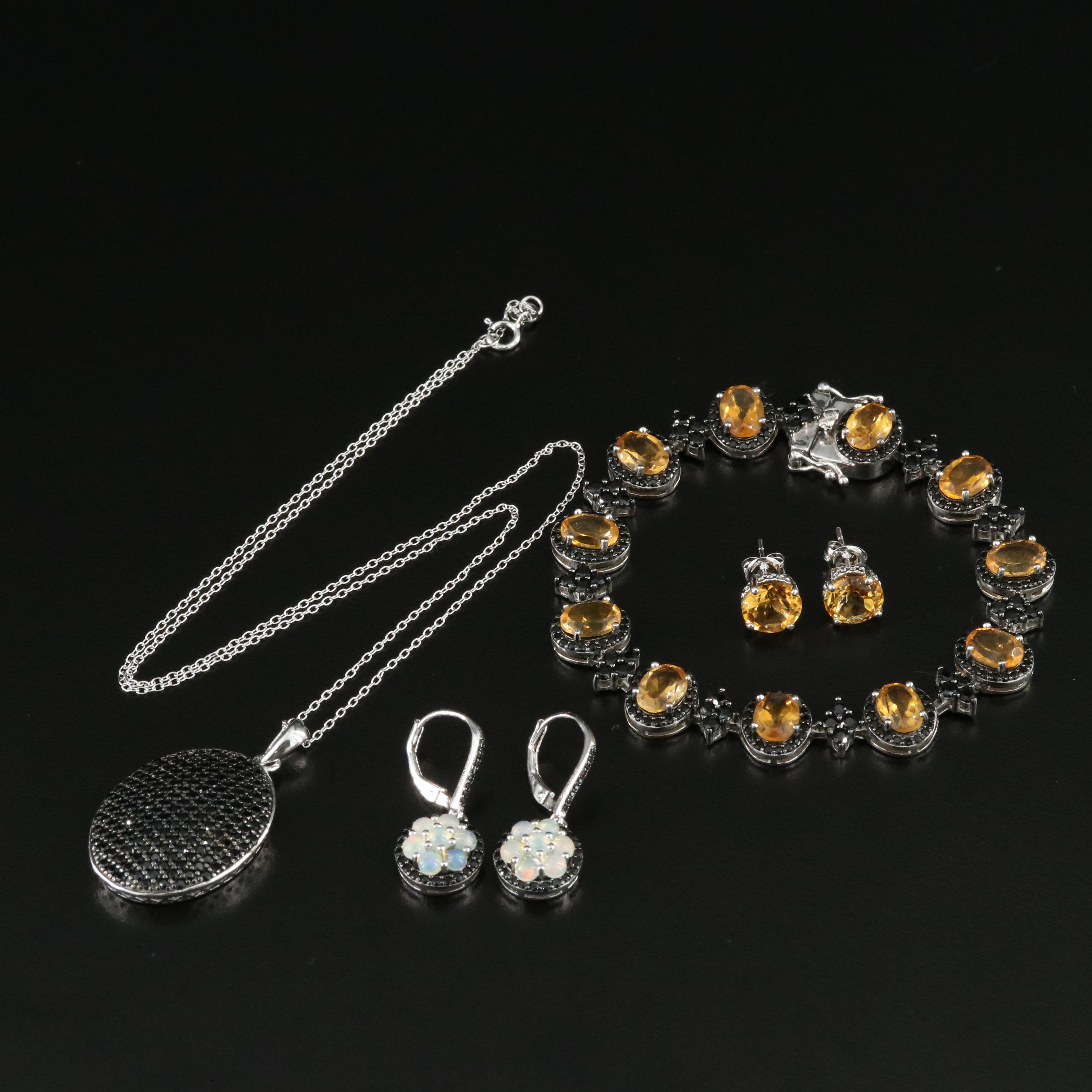 Sterling Opal, Citrine and Spinel Bracelet, Earrings and Pendant Necklace